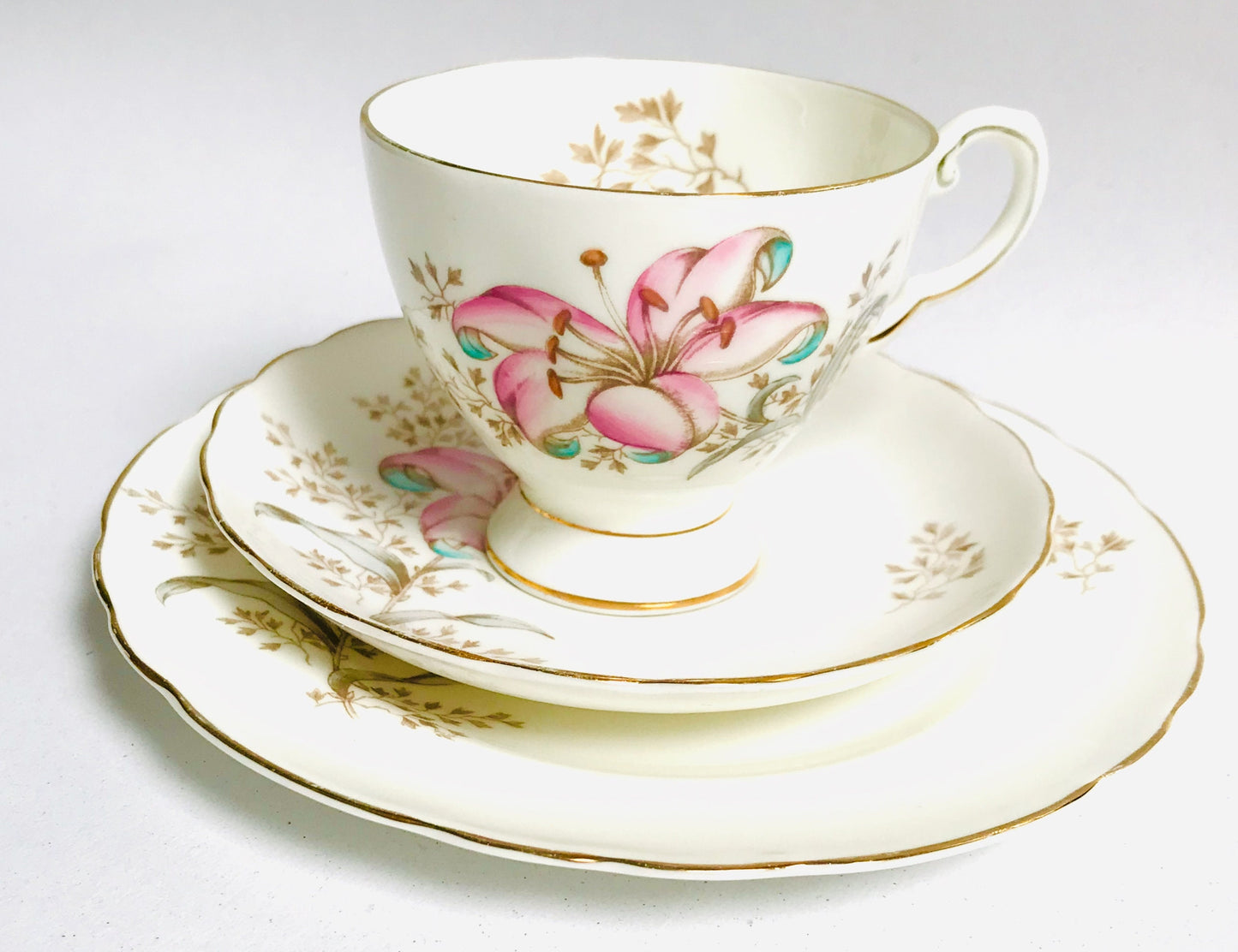 Tuscan China teacup saucer trio white pink lily flower English afternoon tea china