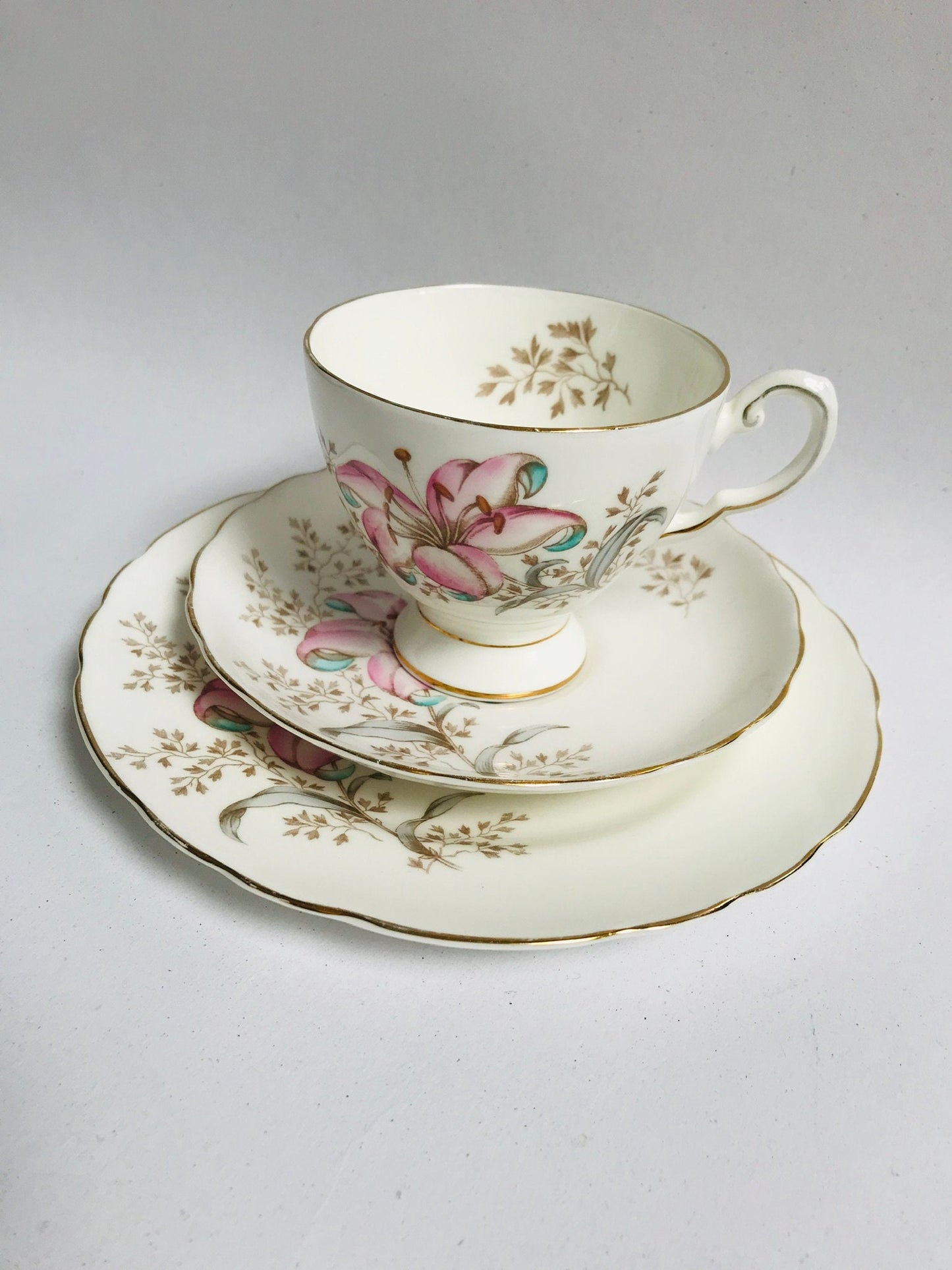 Tuscan China teacup saucer trio white pink lily flower English afternoon tea china