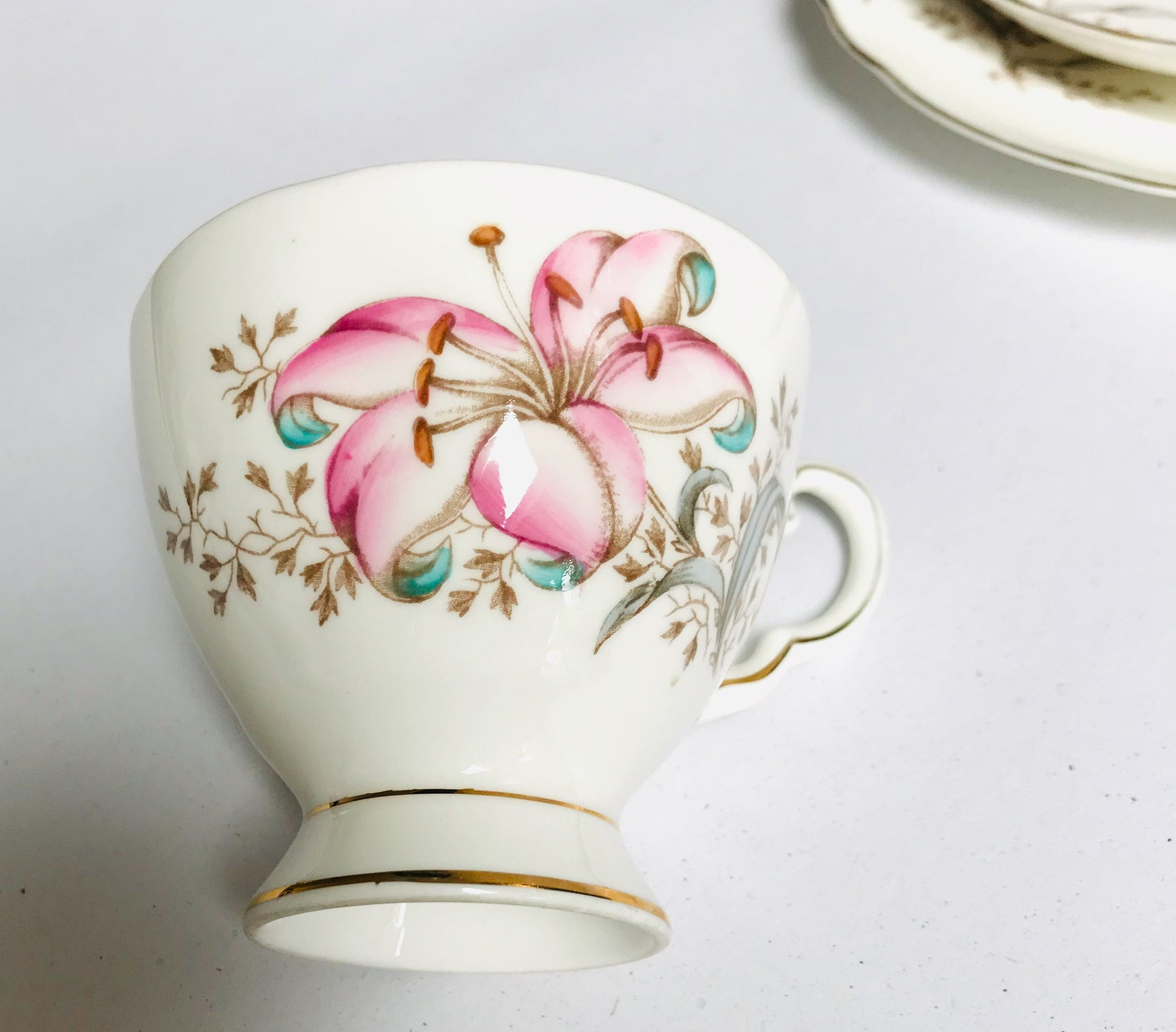 Tuscan China teacup saucer trio white pink lily flower English afternoon tea china