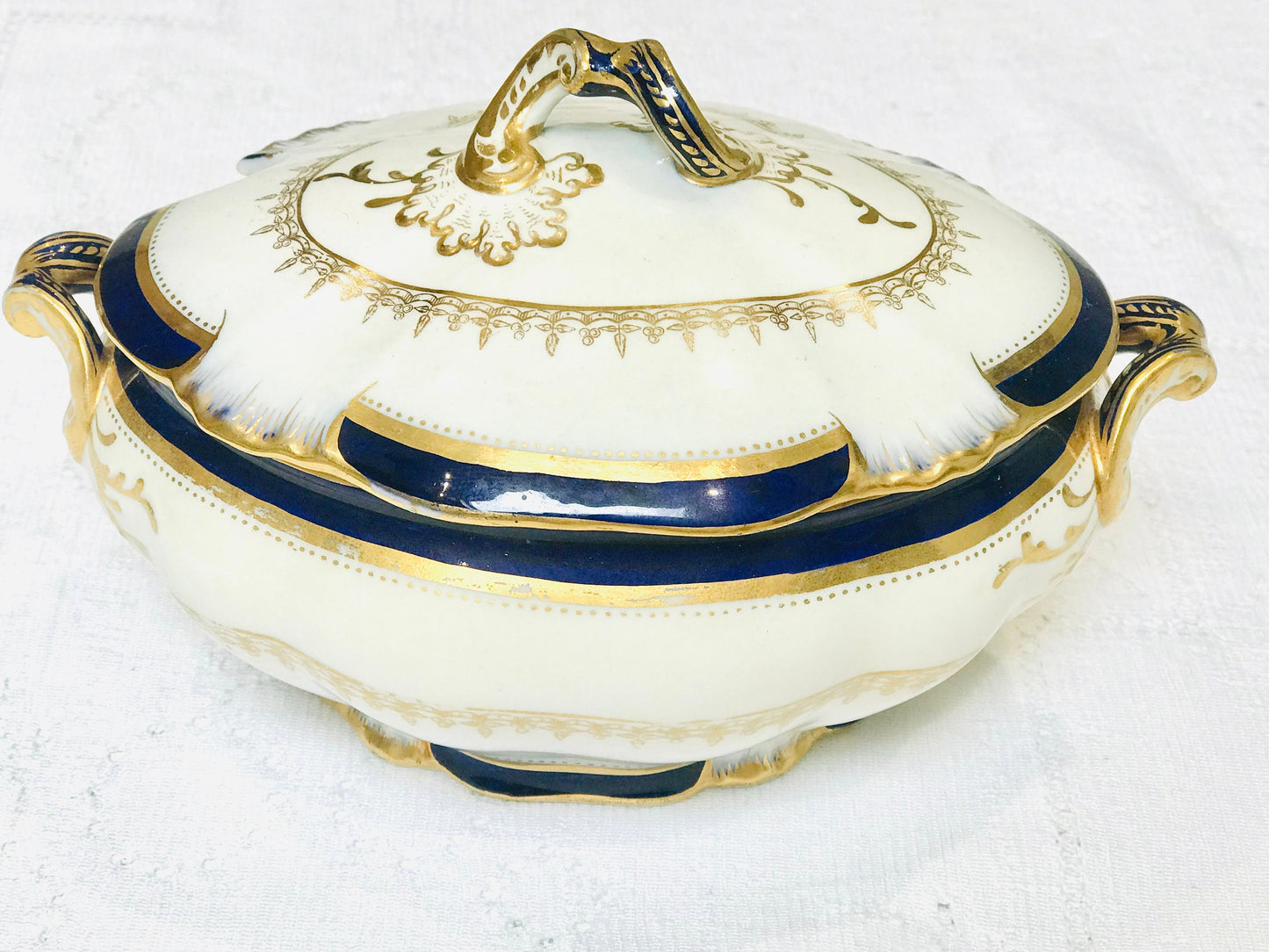 Antique Vegetable Dish Tureen English bone china George Jones white blue