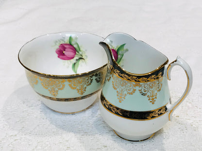 English afternoon tea china a Milk Jug and Sugar Bowl Set Green Black Gold vintage