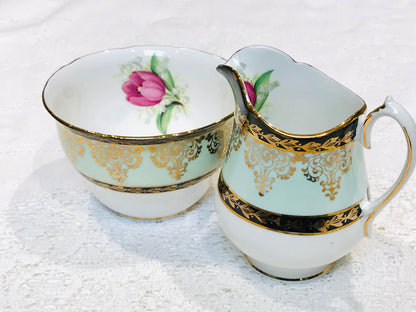 English afternoon tea china a Milk Jug and Sugar Bowl Set Green Black Gold vintage