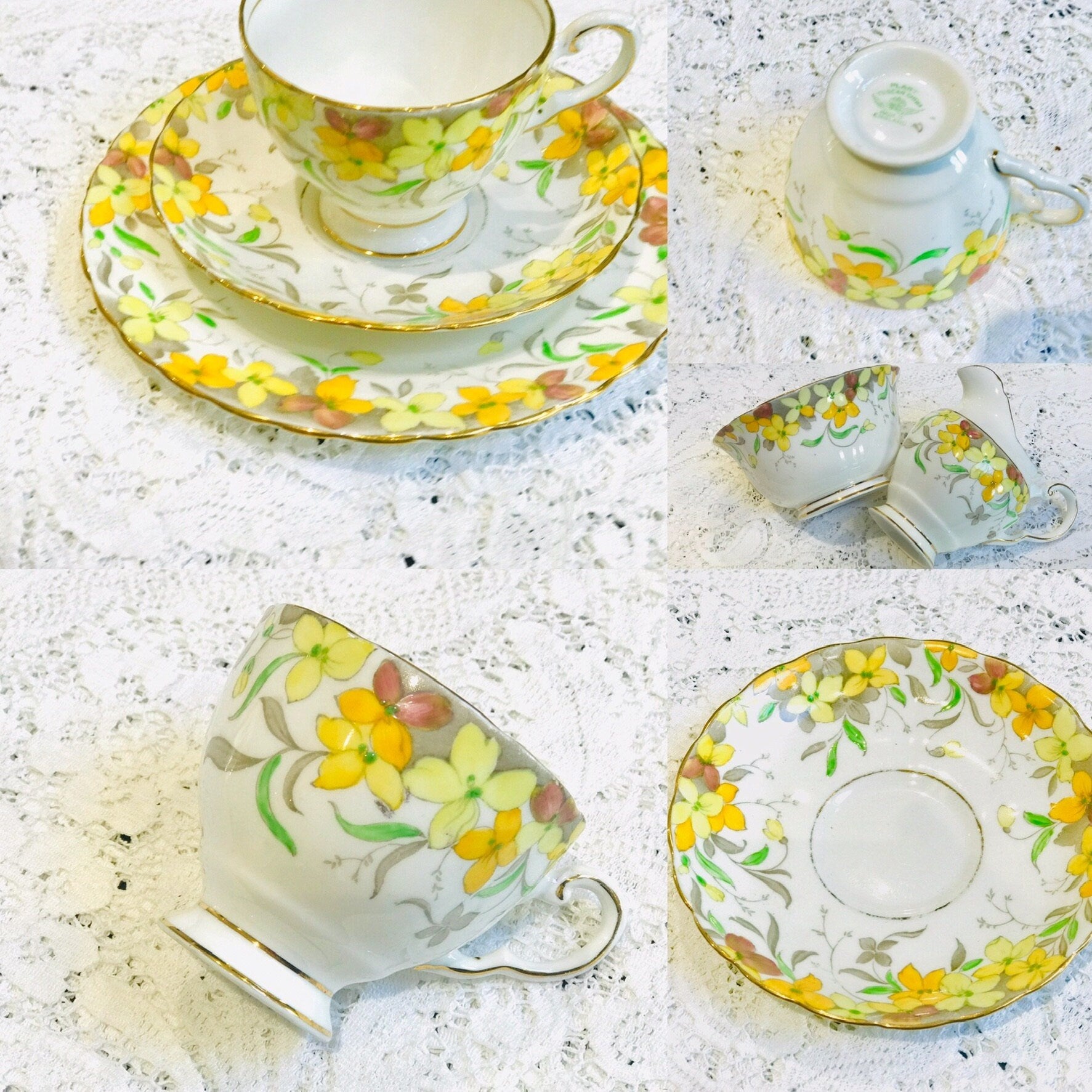 Vintage Tea Set by Tuscan China Afternoon Tea Teacups & Saucers Yellow Flowers art deco style