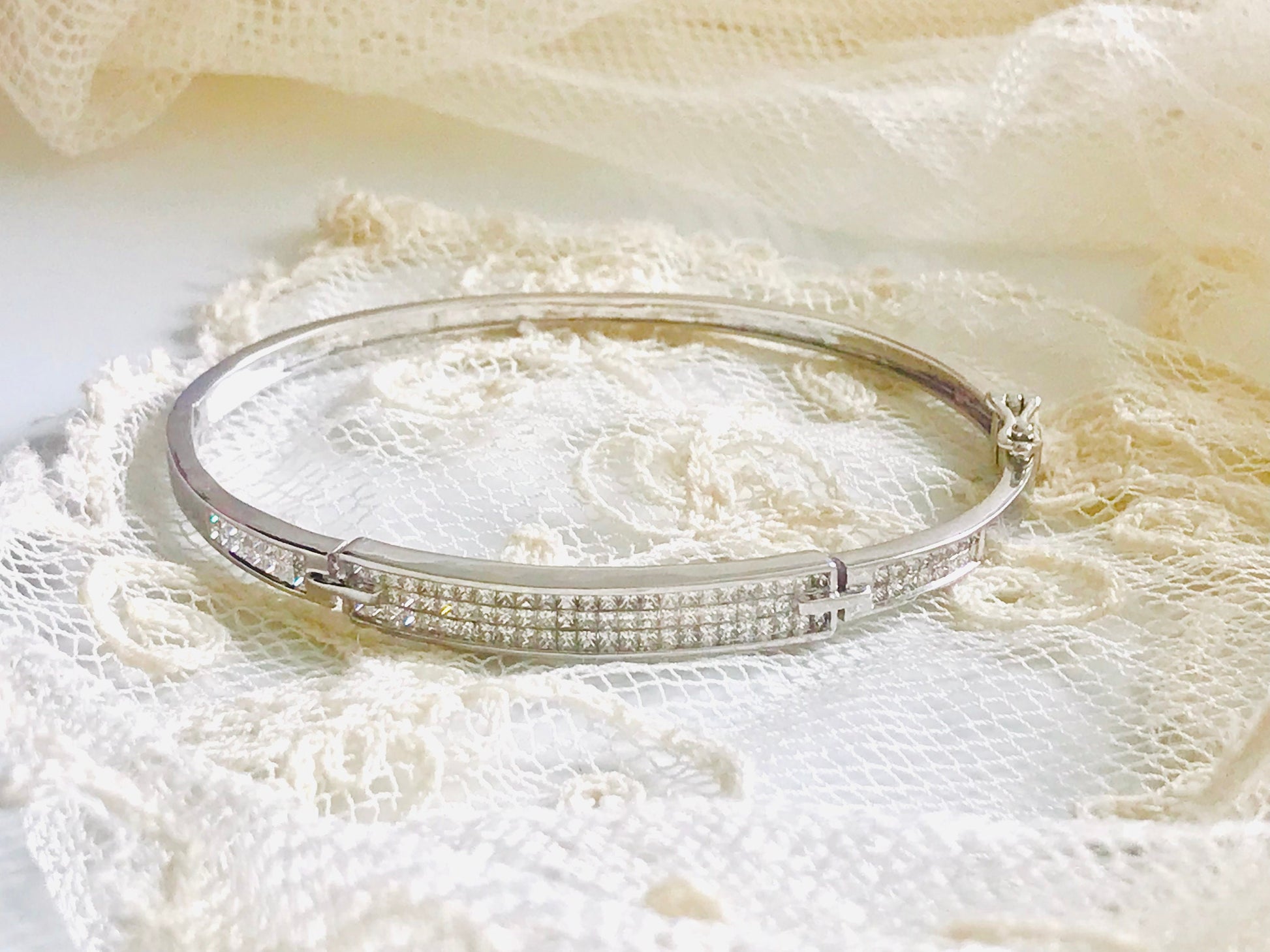 Beautiful 14ct Diamond Bracelet Bangle White Gold Pave set Princess Cut Diamonds hinged  with safety chain Gift for Her   Fully Hallmarked