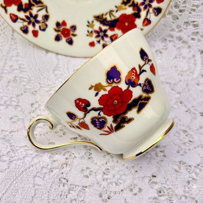 Aynsley China Teacup Saucer Set Birds of Paradise Red Blue Gold afternoon tea replicated from an older design