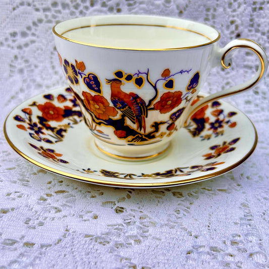 Aynsley China Teacup Saucer Set Birds of Paradise Red Blue Gold afternoon tea replicated from an older design