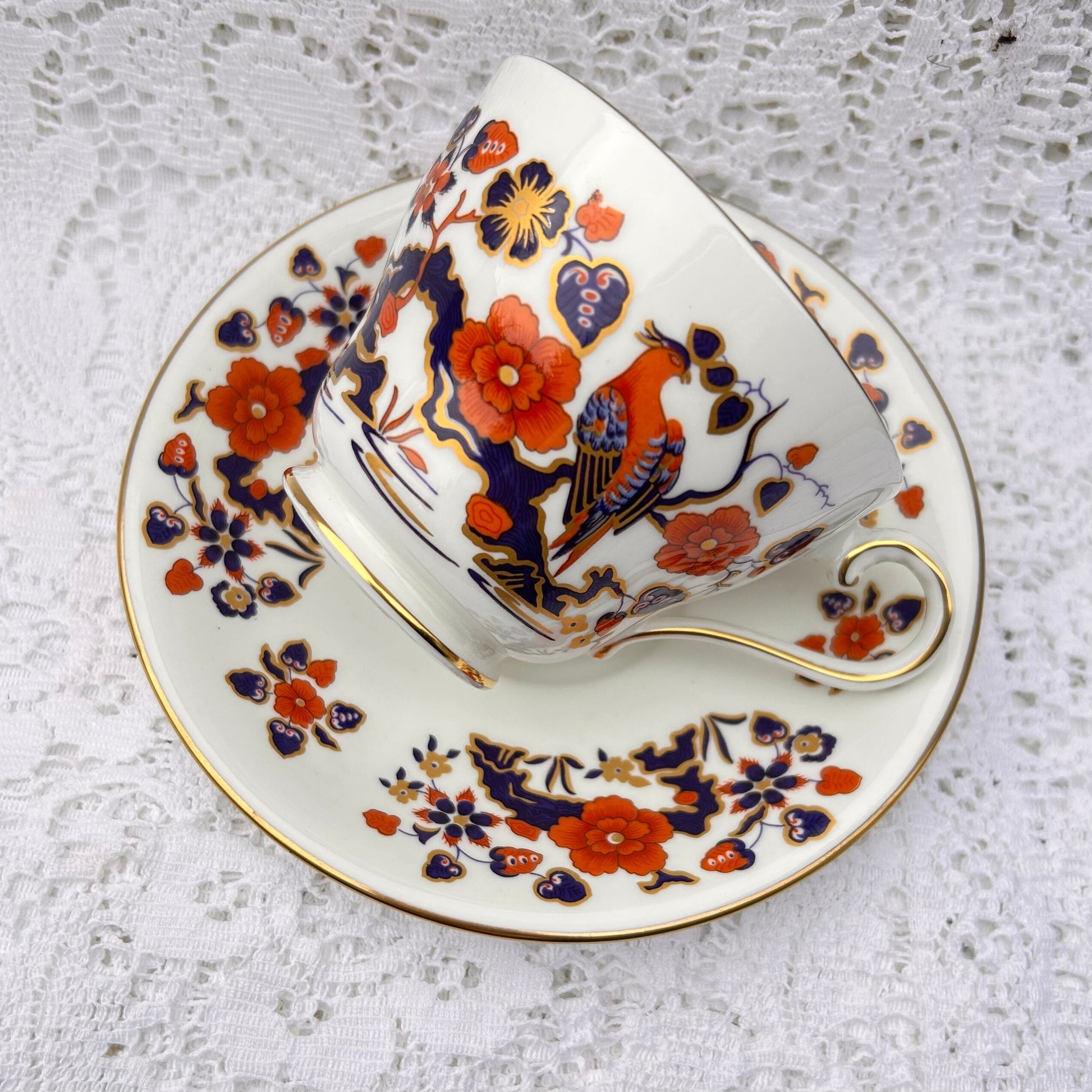 Aynsley China Teacup Saucer Set Birds of Paradise Red Blue Gold afternoon tea replicated from an older design