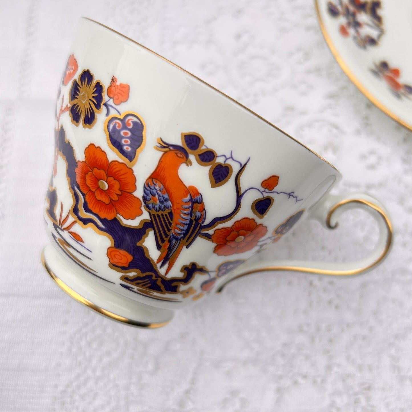 Aynsley China Teacup Saucer Set Birds of Paradise Red Blue Gold afternoon tea replicated from an older design