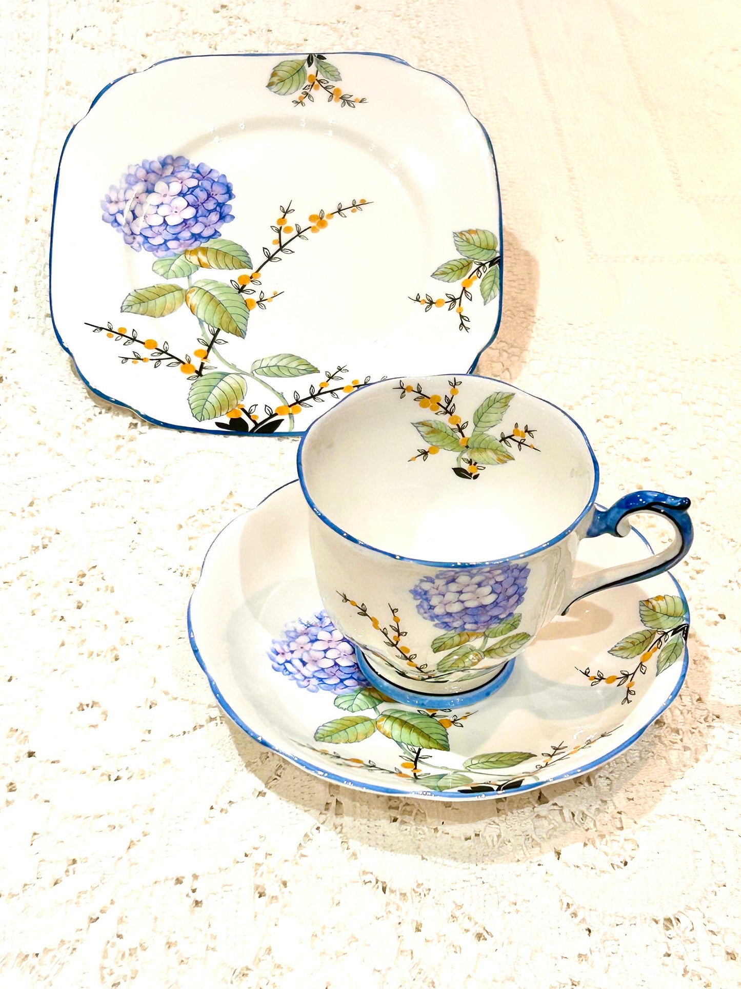 RARE Royal Albert Crown China Teacup & Saucer Trio Set Blue Hydrangea flower pattern vintage English bone china for Afternoon Tea circa 1930