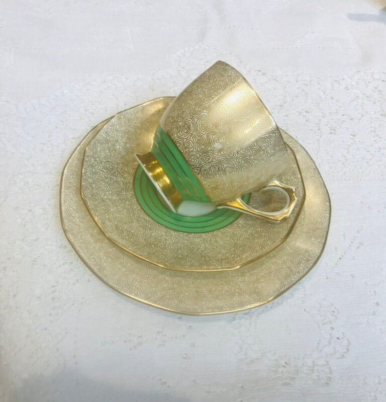 Vintage Art Deco Teacup Saucer Set by Tuscan China England fine bone china for afternoon tea bold bright colours green gold