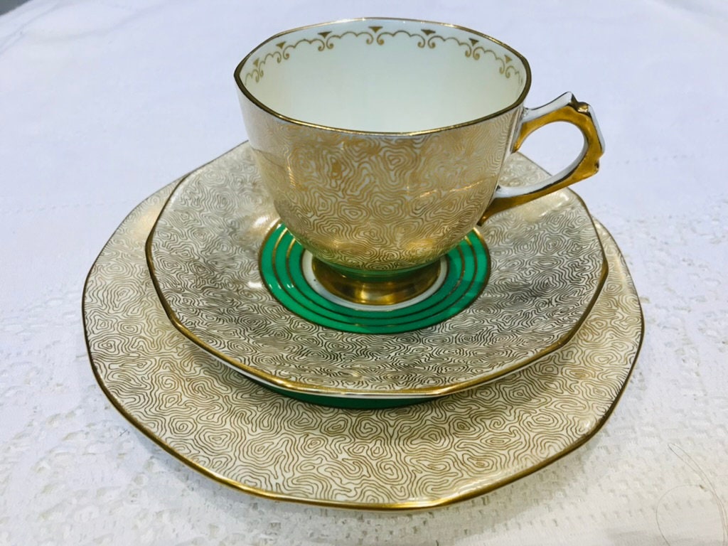 Tuscan China Art Deco Tea Set English Vintage Afternoon Tea Green Gold Design