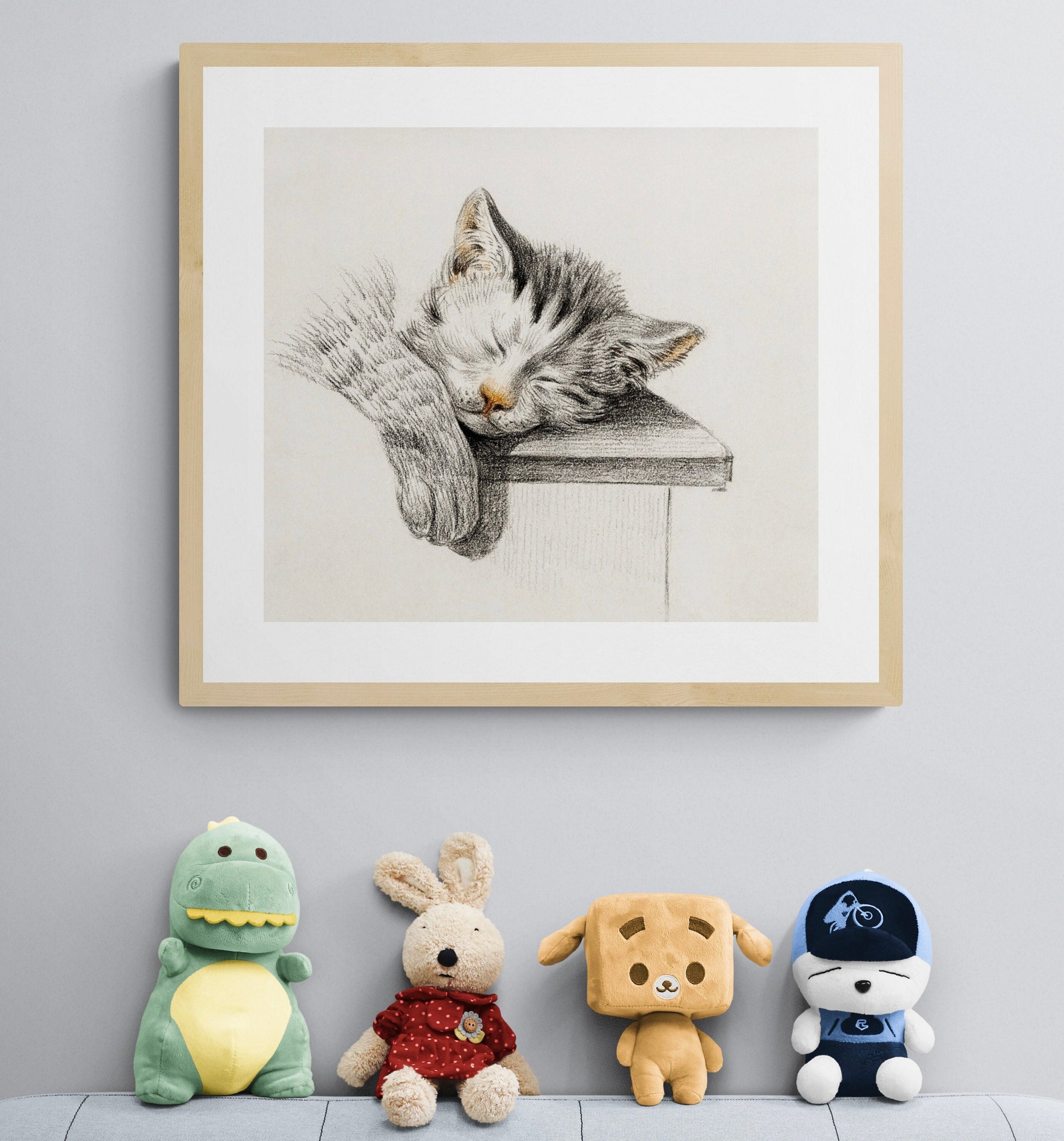 Sleeping Tabby Cat Print with large paws from an original antique drawing by Dutch Artist Jean Bernard