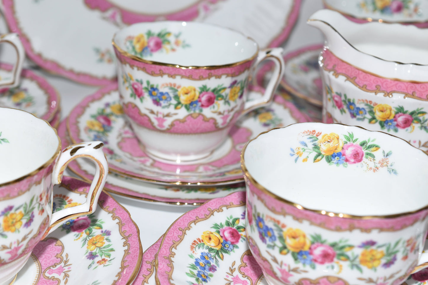 Crown Staffordshire China Pink Tea Set Vintage English Teacups & Saucers