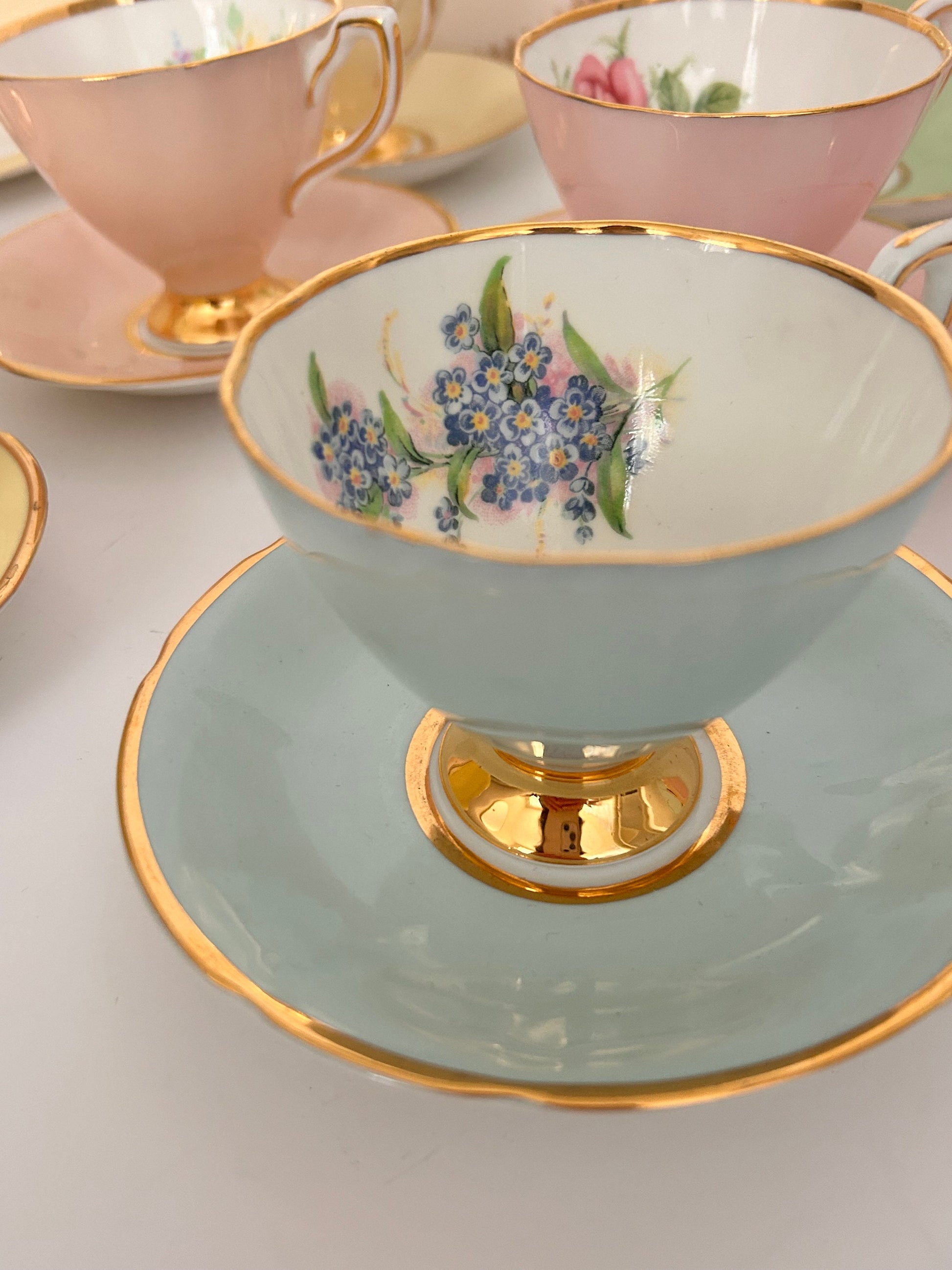 Clare China Vintage Tea Set Rainbow Teacups & Saucers for Afternoon Tea Mis matched mixed set