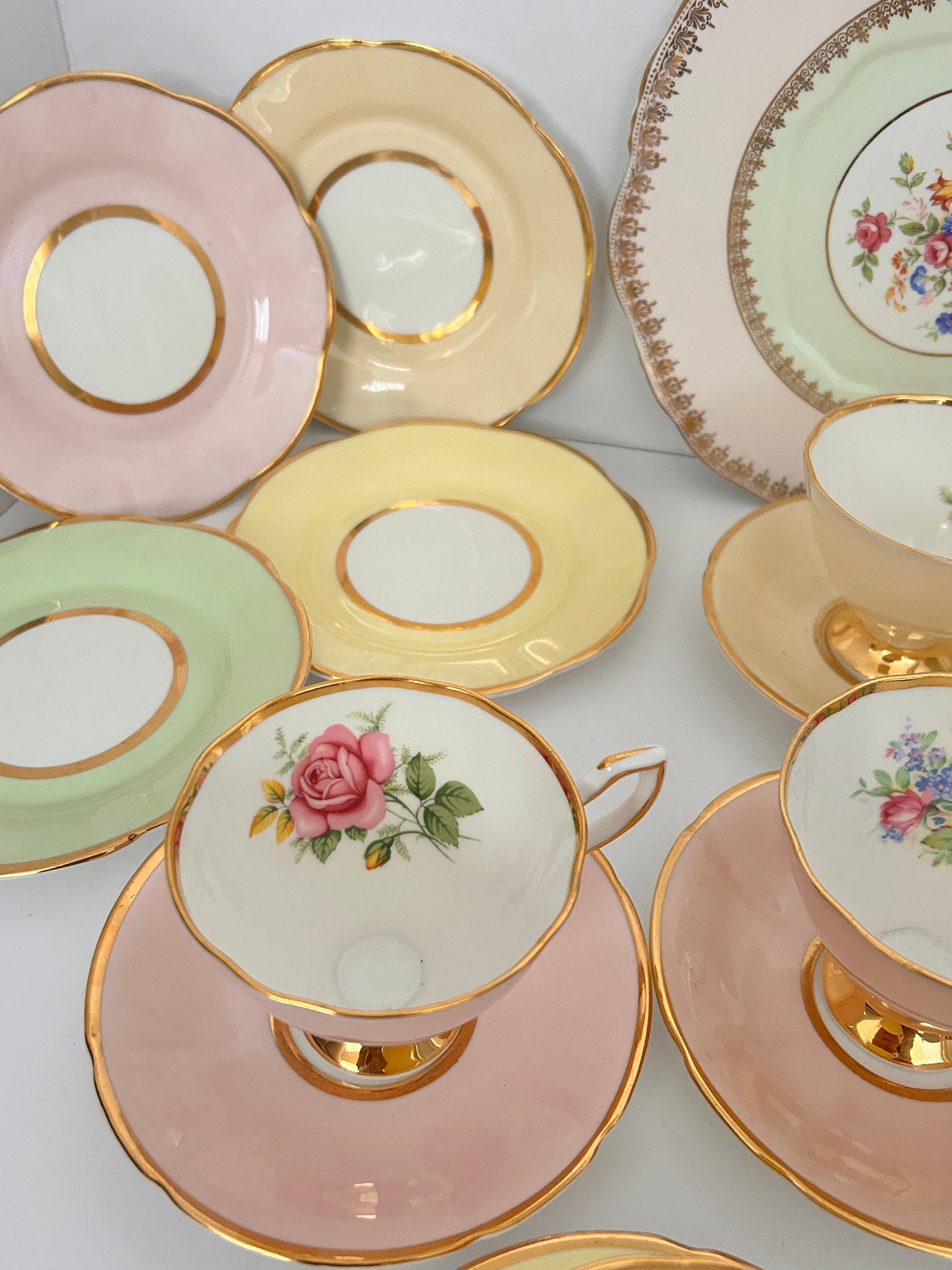 Clare China Vintage Tea Set Rainbow Teacups & Saucers for Afternoon Tea Mis matched mixed set