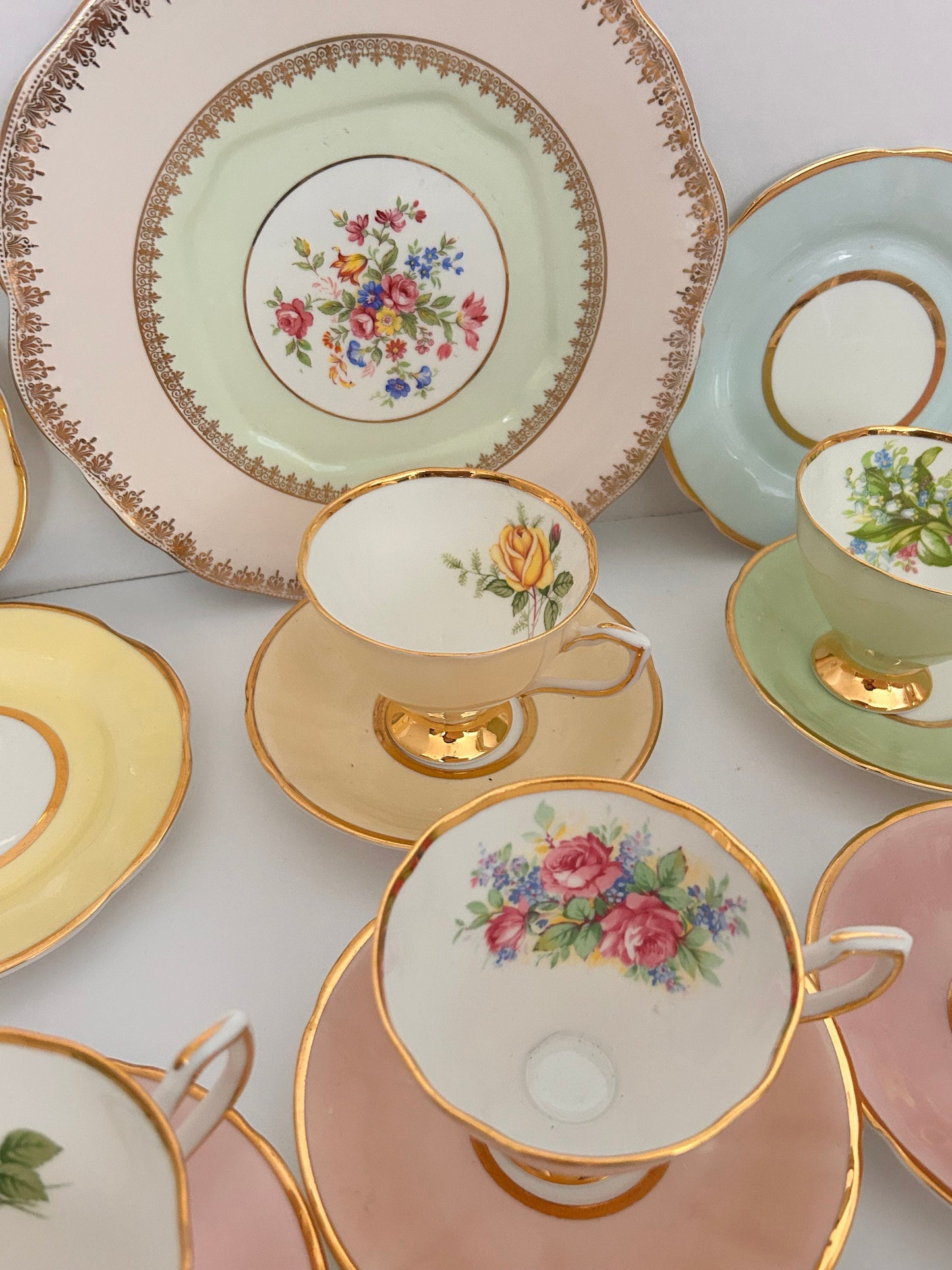 Clare China Vintage Tea Set Rainbow Teacups & Saucers for Afternoon Tea Mis matched mixed set