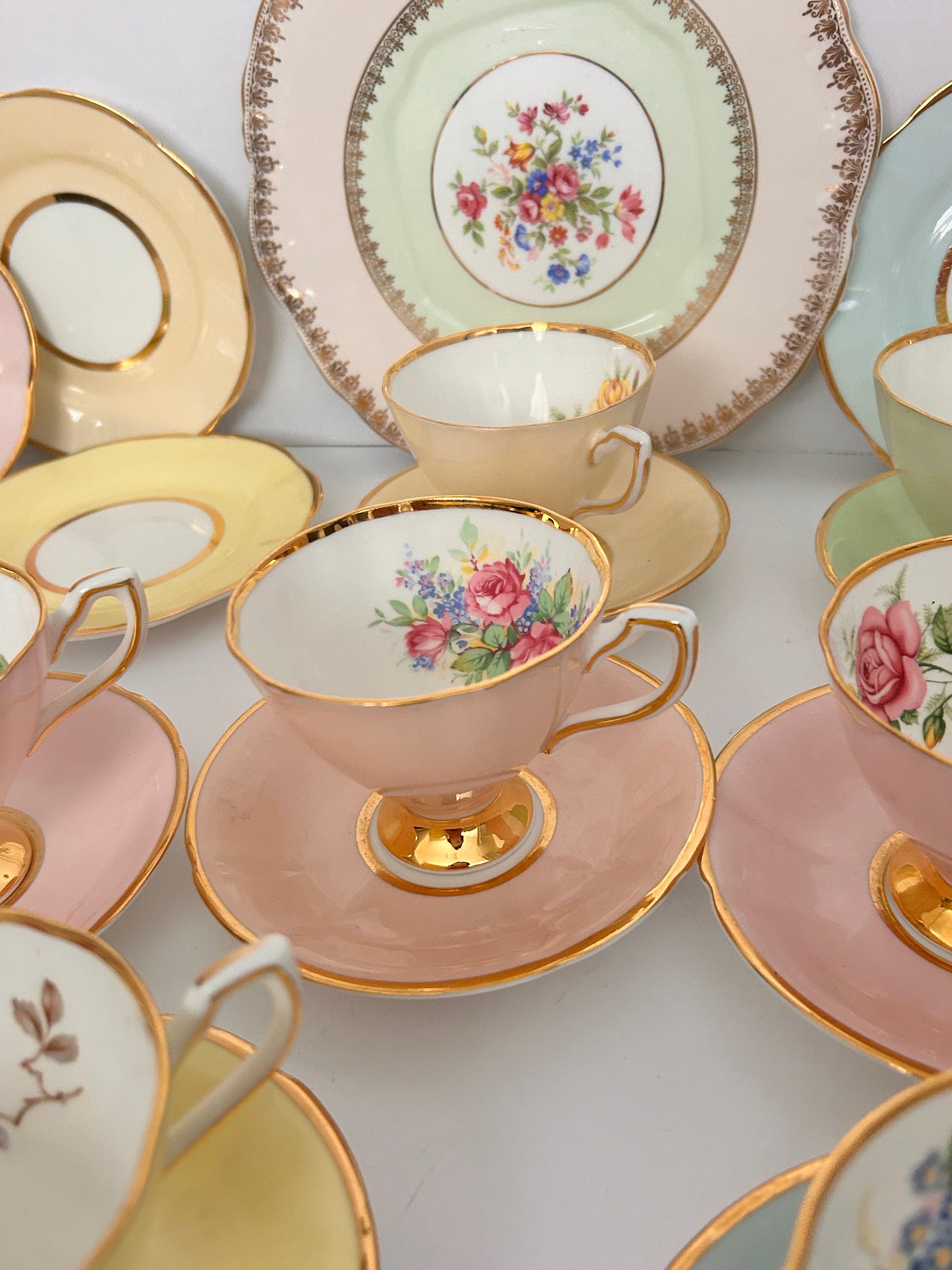 Clare China Vintage Tea Set Rainbow Teacups & Saucers for Afternoon Tea Mis matched mixed set