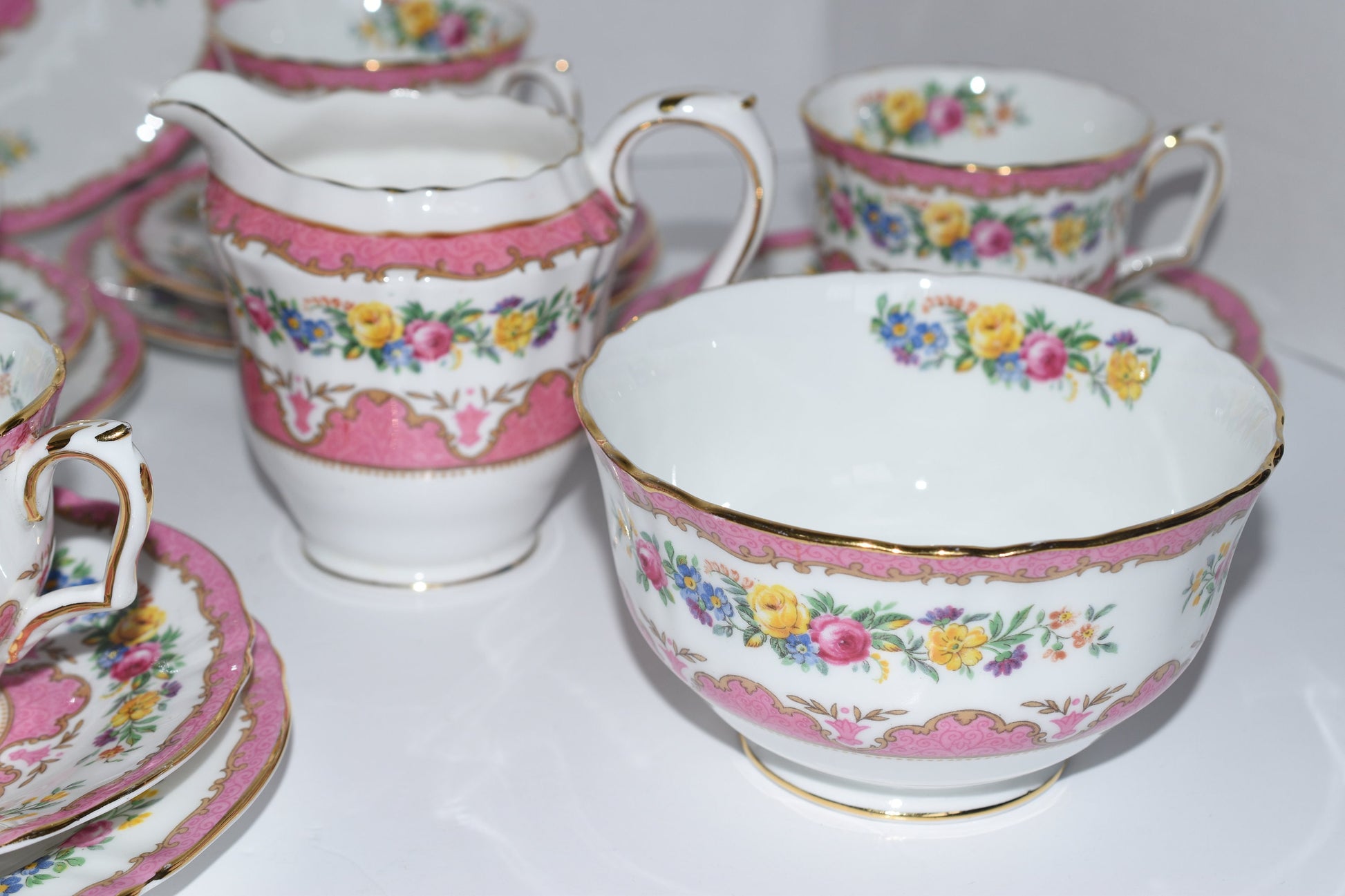 Crown Staffordshire China Pink Tea Set Vintage English Teacups & Saucers