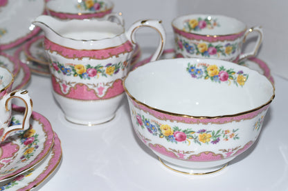 Crown Staffordshire China Pink Tea Set Vintage English Teacups & Saucers