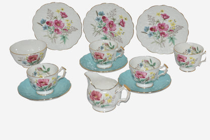 Aynsley China Part Tea Set Turquoise Blue & Pink Mix Afternoon Teacups Saucers Vintage