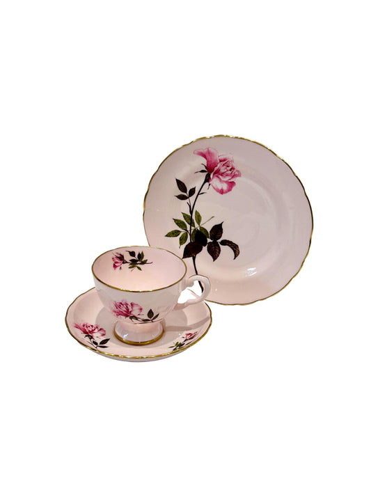 Tuscan China Pink Rose Teacup Saucer Trio Set Hand Painted Vintage Pink Afternoon Tea