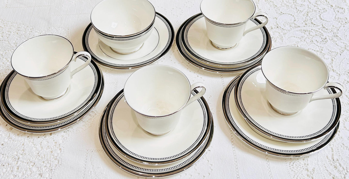 Royal Doulton Tea Set White Black Platinum pattern “Saraband” vintage teacups and saucers