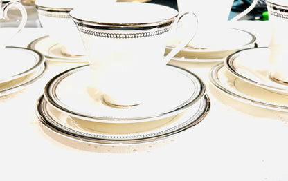 Royal Doulton Tea Set White Black Platinum pattern “Saraband” vintage teacups and saucers