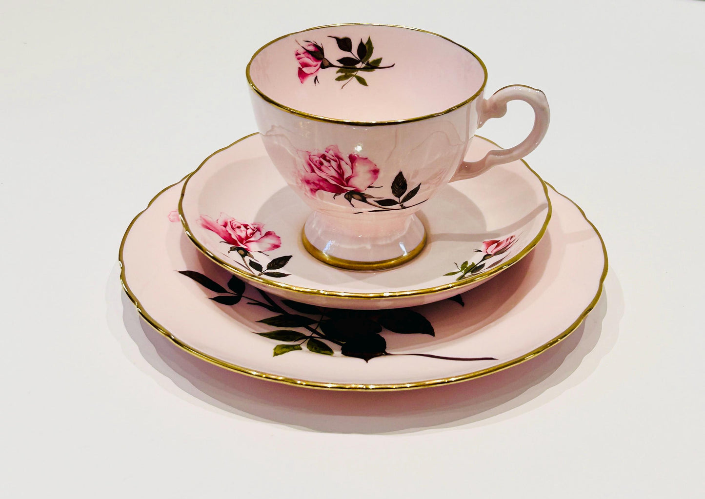 Tuscan China Pink Rose Teacup Saucer Trio Set Hand Painted Vintage Pink Afternoon Tea