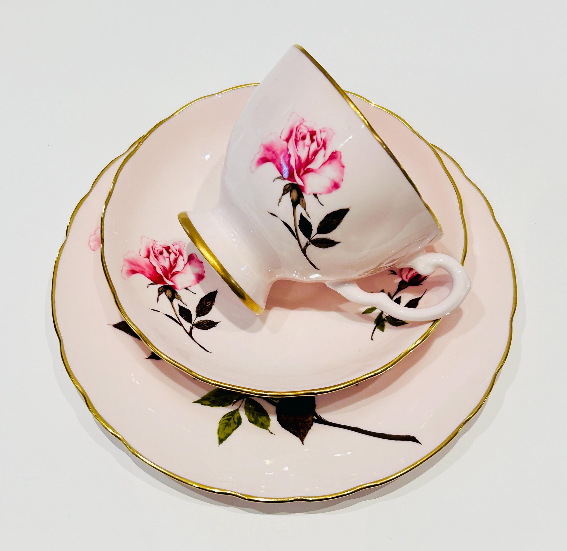 Tuscan China Pink Rose Teacup Saucer Trio Set Hand Painted Vintage Pink Afternoon Tea