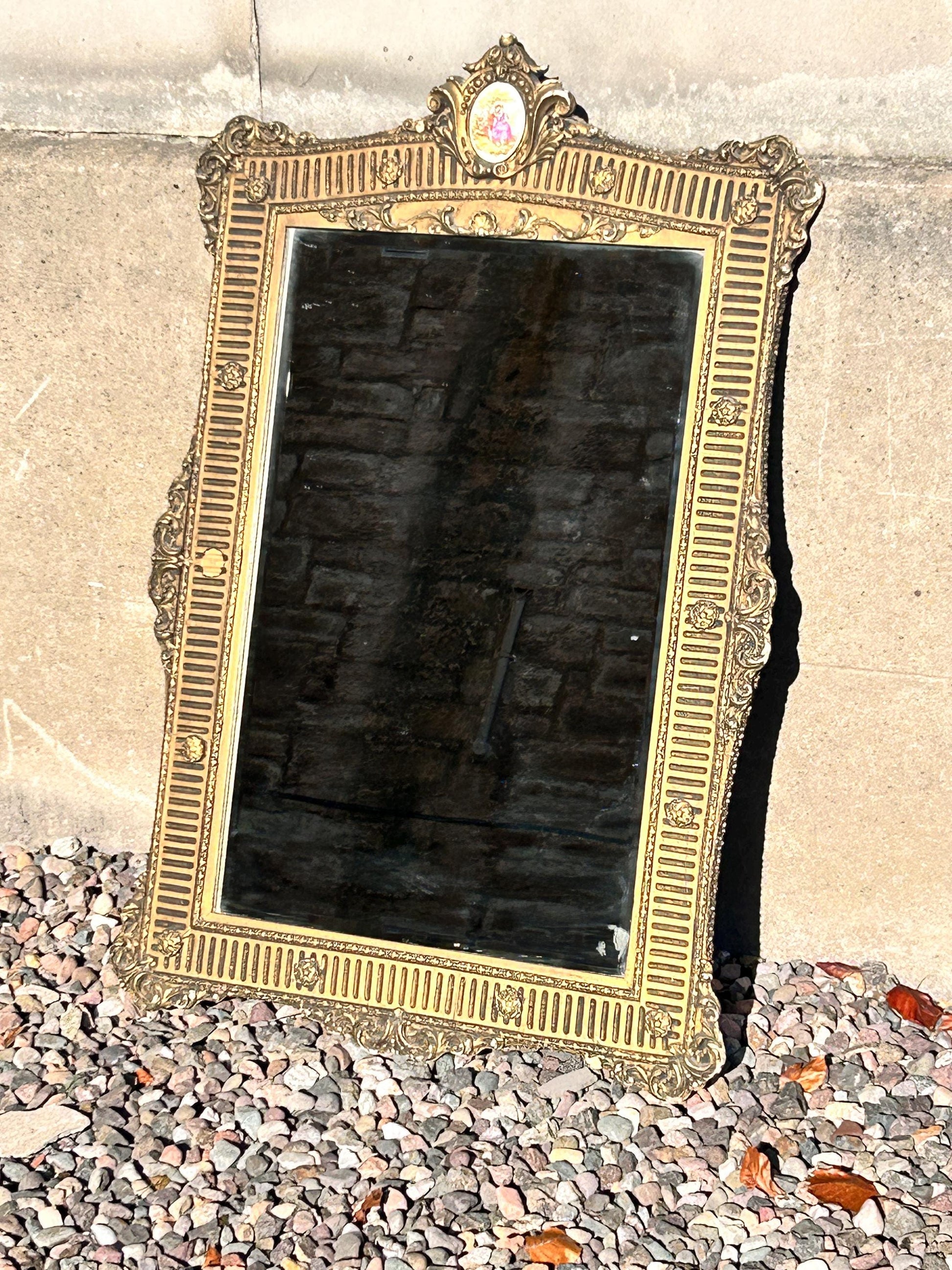 19th Century French Rococo gilt framed wall mirror rectangular porcelain surmount “Fragonard”