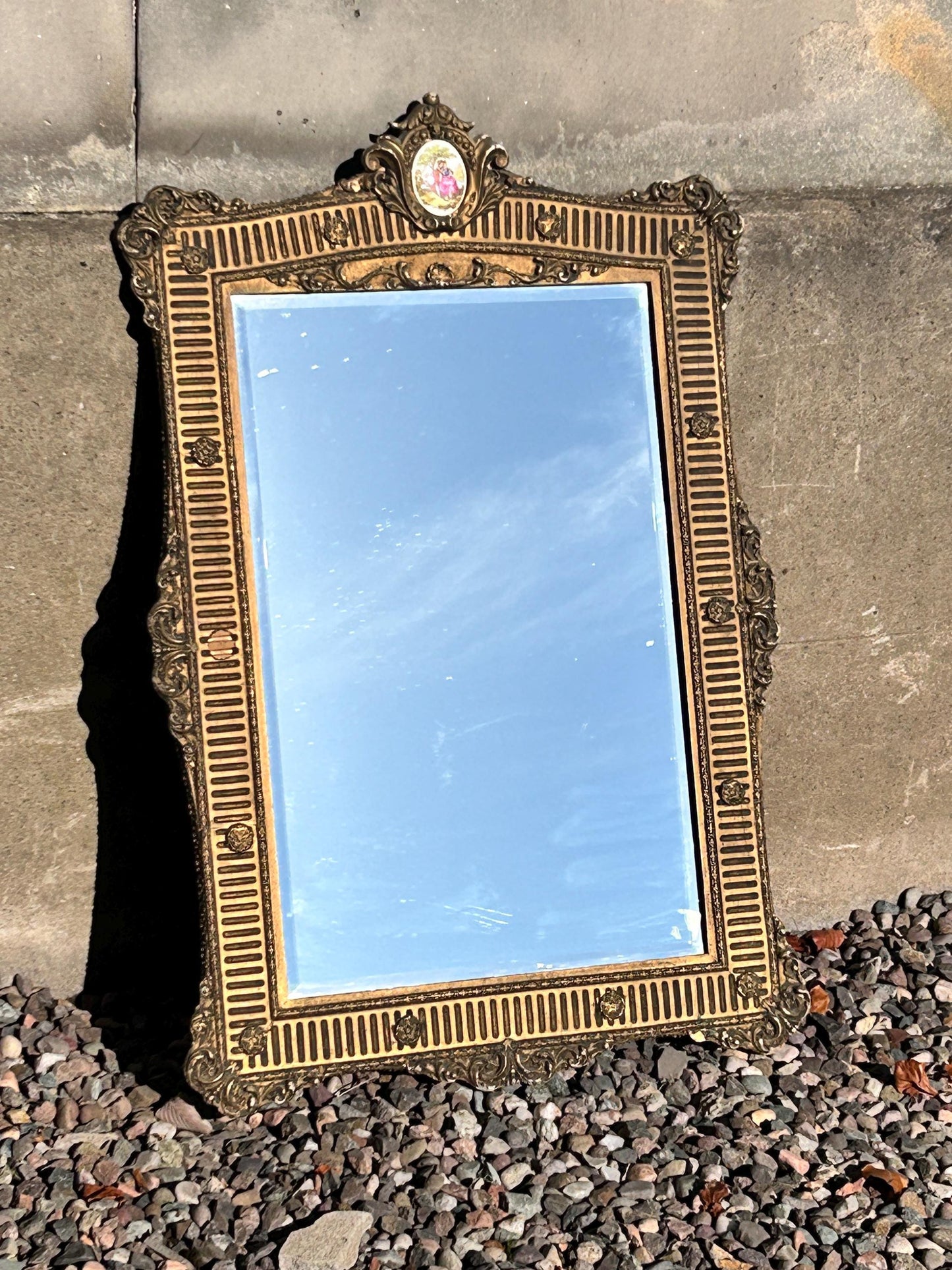 19th Century French Rococo gilt framed wall mirror rectangular porcelain surmount “Fragonard”