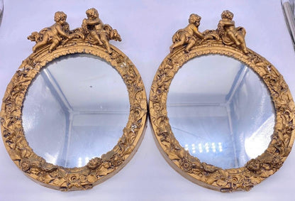 Antique Small Oval Pair of Gilt Mirrors with cherubs ornate wall decor