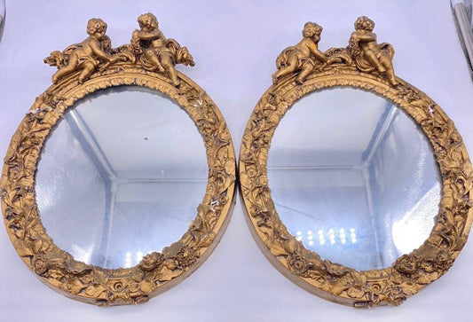 Antique Small Oval Pair of Gilt Mirrors with cherubs ornate wall decor