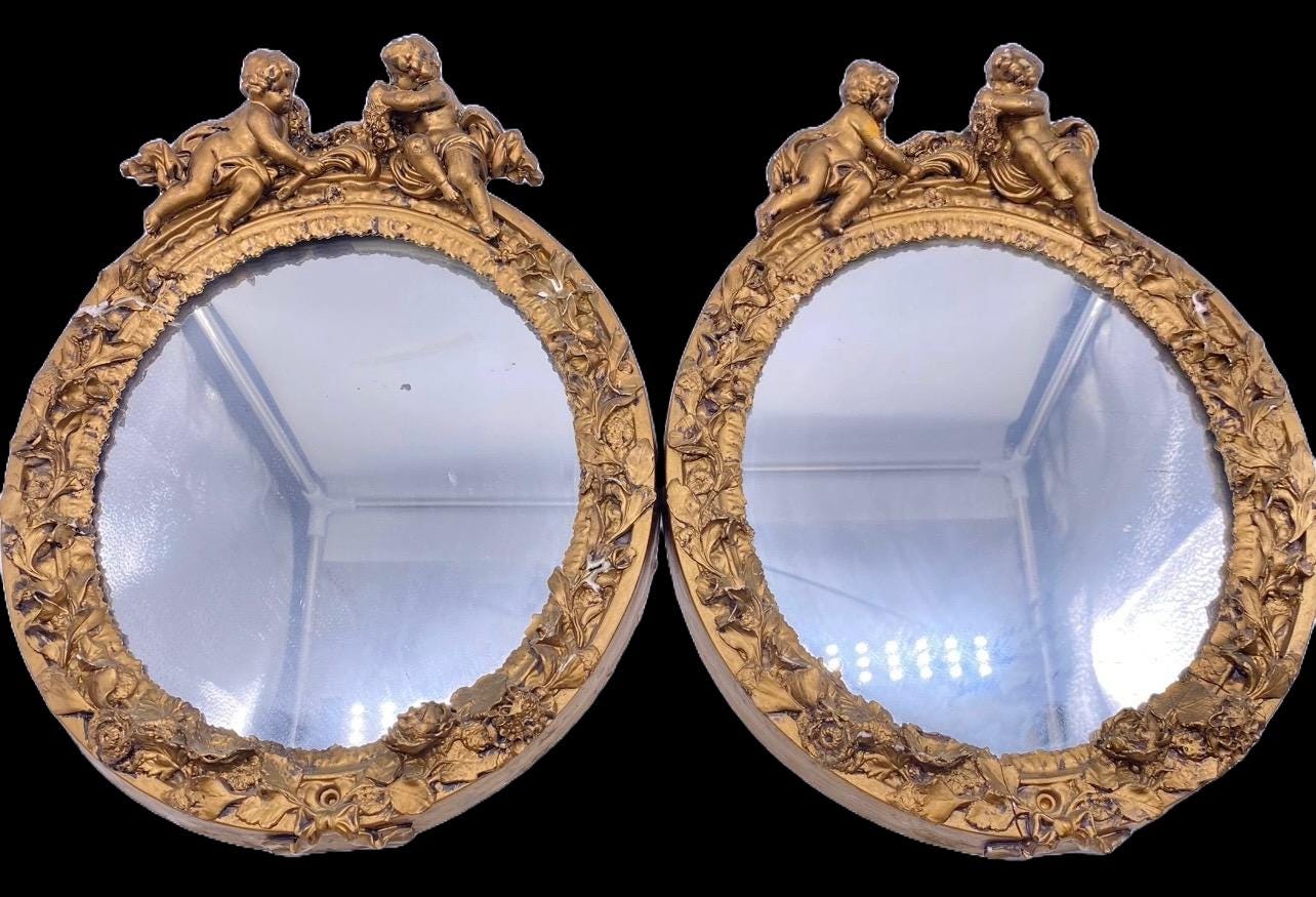 Antique Small Oval Pair of Gilt Mirrors with cherubs ornate wall decor