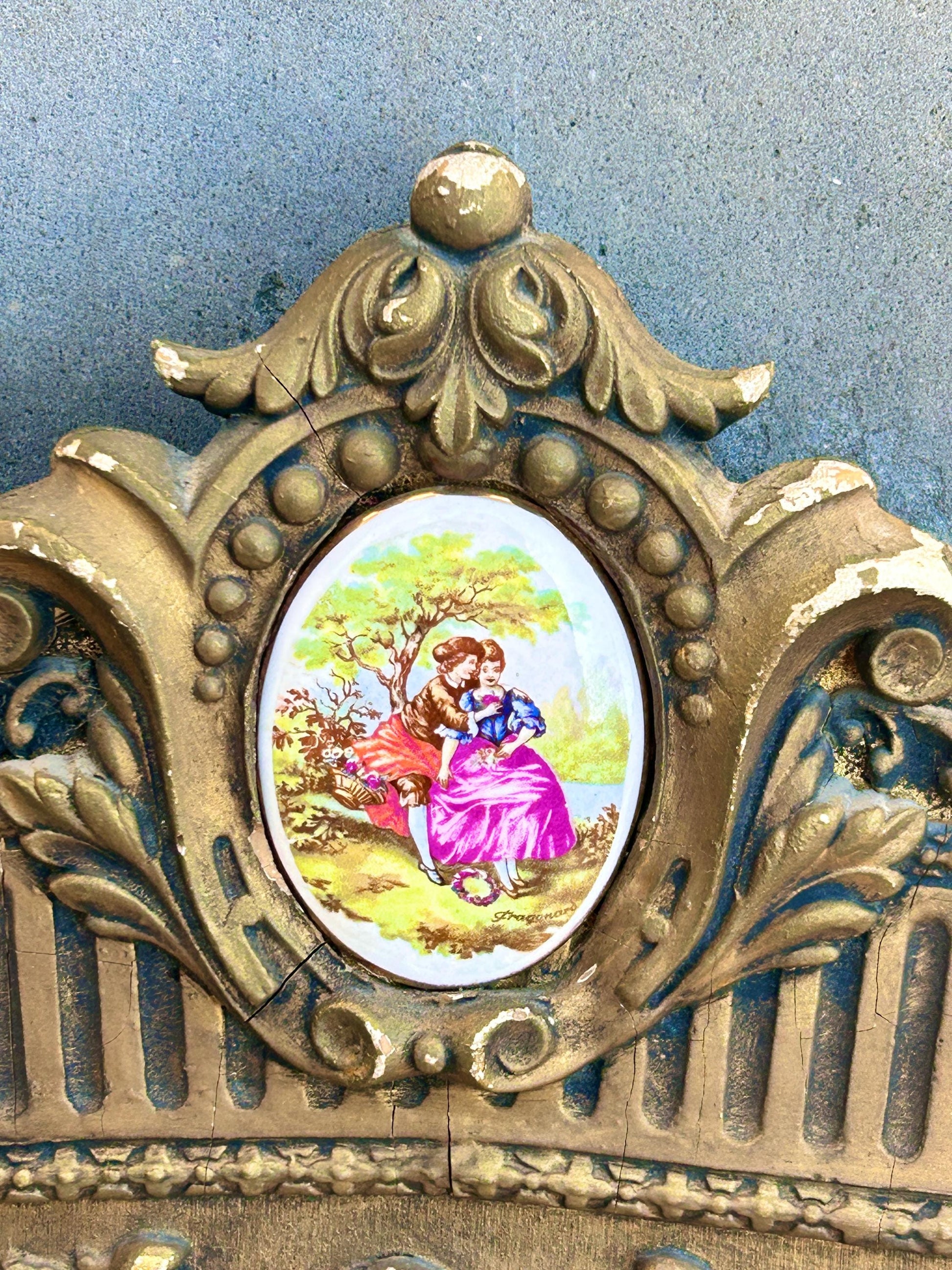 19th Century French Rococo gilt framed wall mirror rectangular porcelain surmount “Fragonard”