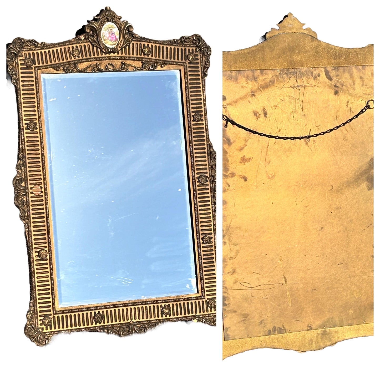 19th Century French Rococo gilt framed wall mirror rectangular porcelain surmount “Fragonard”