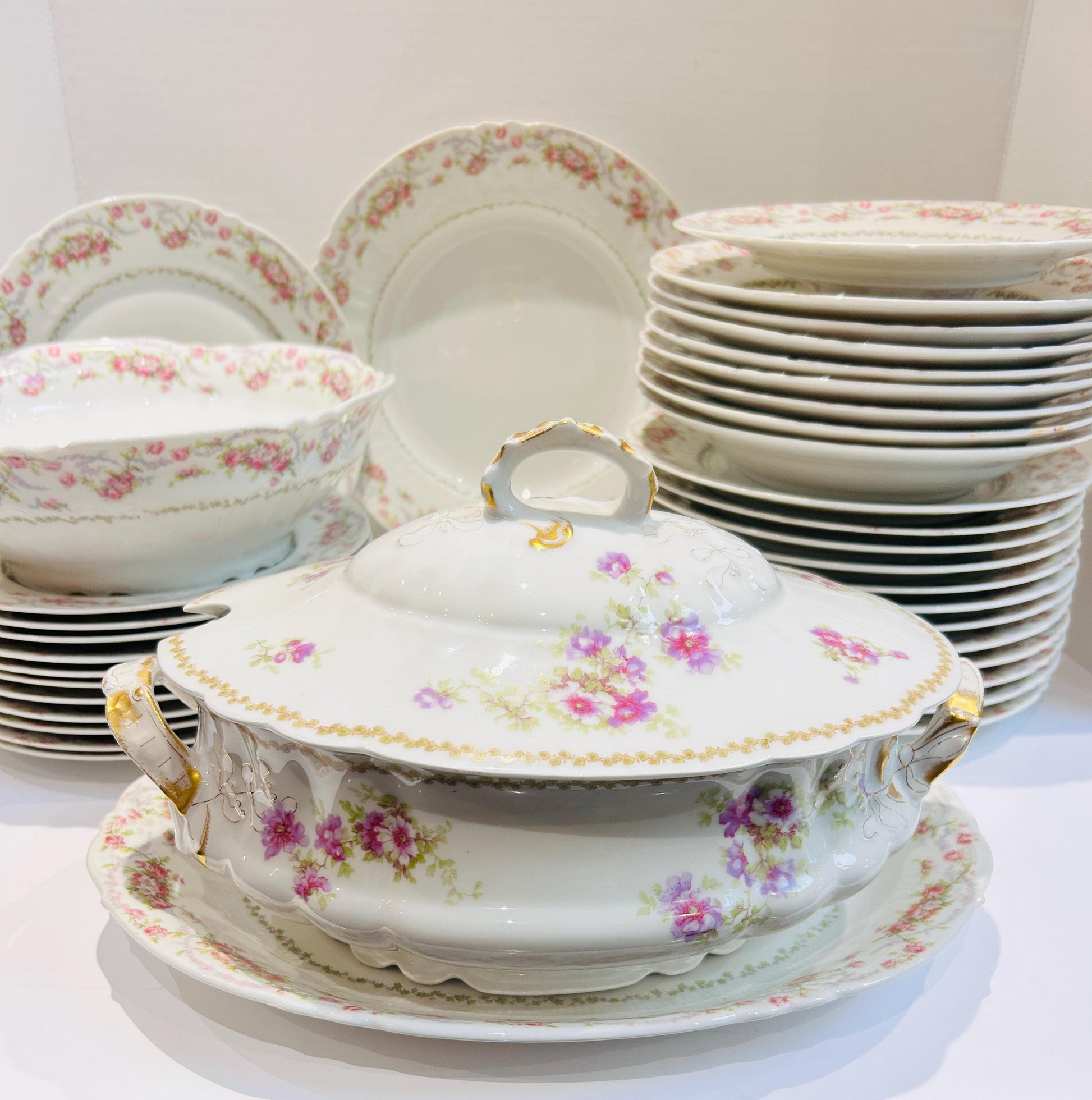 Limoge China French Pink Rose Dinner Set