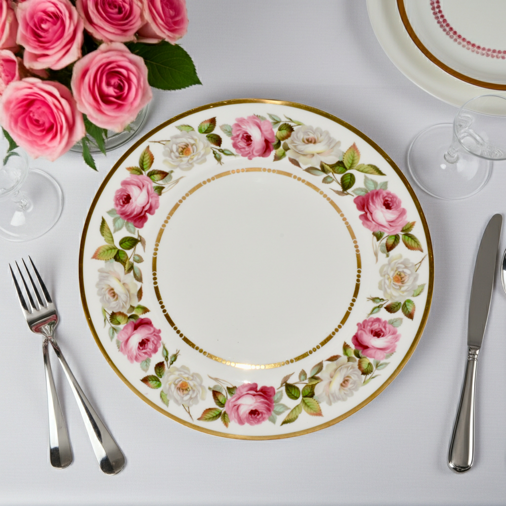 Royal Worcester Dinner Plates – Pink & White Roses – Set of 6 – Vintage 1970s–1980s – 10.5” – Fine Bone China - Vintageteacupcompany 