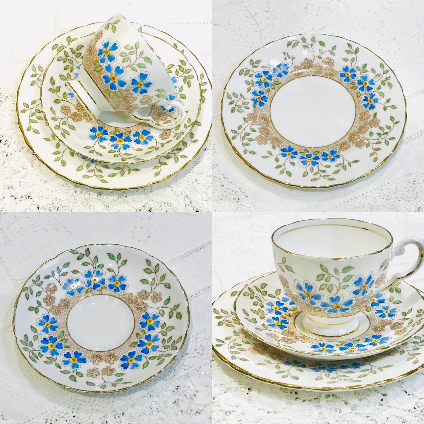 Pretty White Tuscan Teacups - Blue Flowers