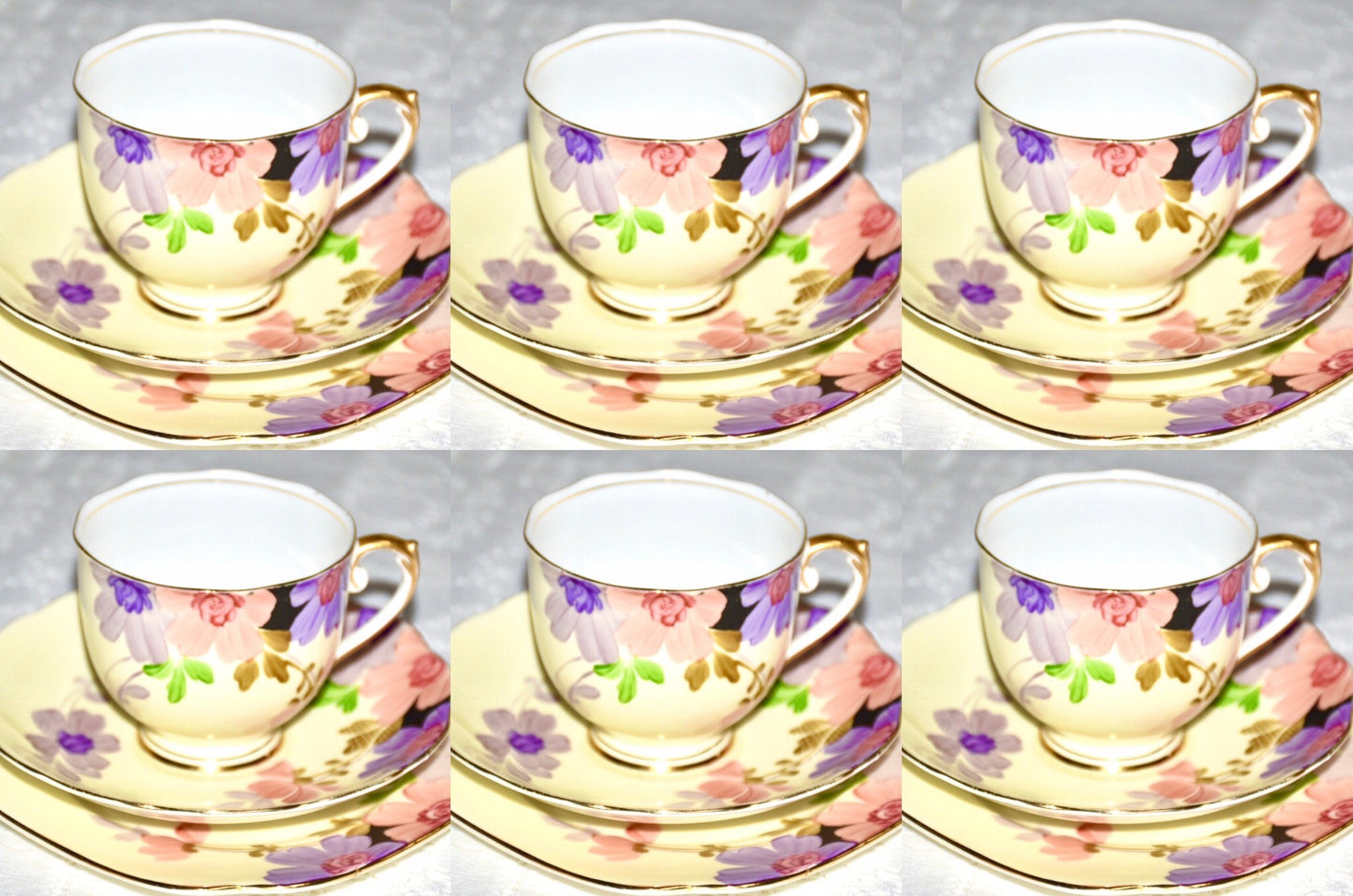 Roslyn Vintage English fine bone china a tea set for 6 people for afternoon tea.  Pink and purple flowers.  Matching tea cups saucers and tea plates with gold trim