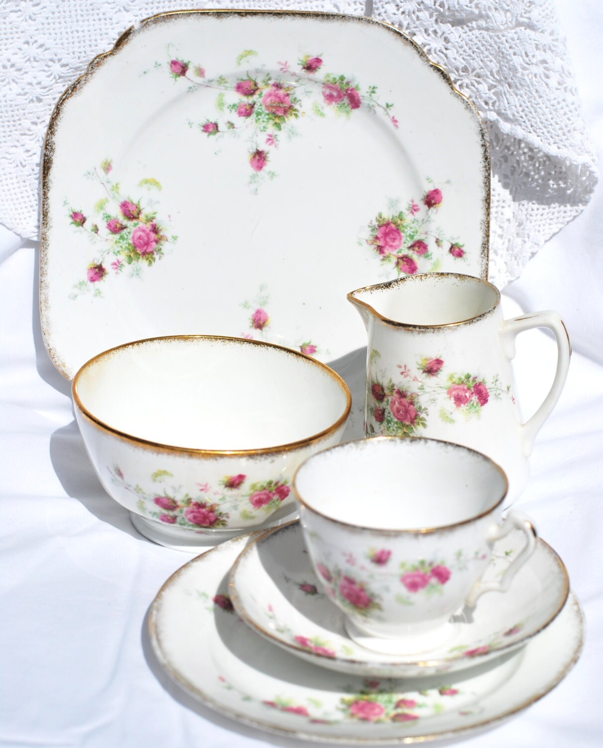 Antique Afternoon Tea Set Teacups Saucers Pink Roses William Low England