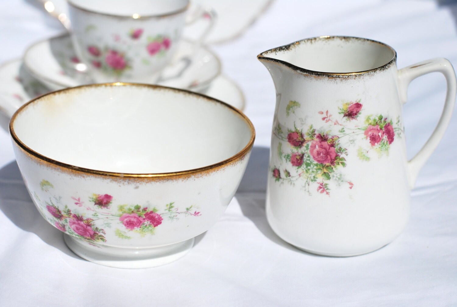 Antique Afternoon Tea Set Teacups Saucers Pink Roses William Low England