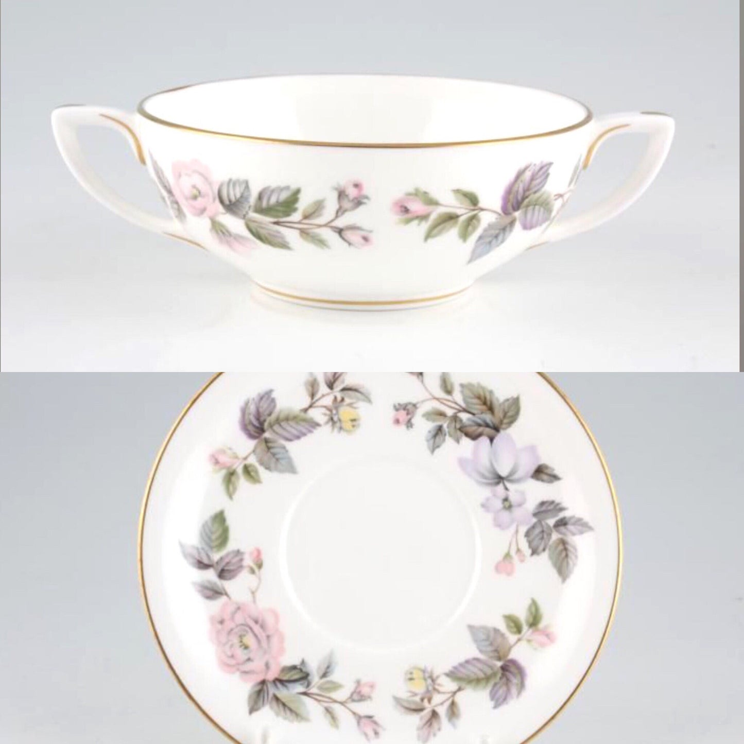 x 4 Royal Worcester June Garland Soup Bowls Twin Handle Soup Bouillon Cup Vintage dinnerware