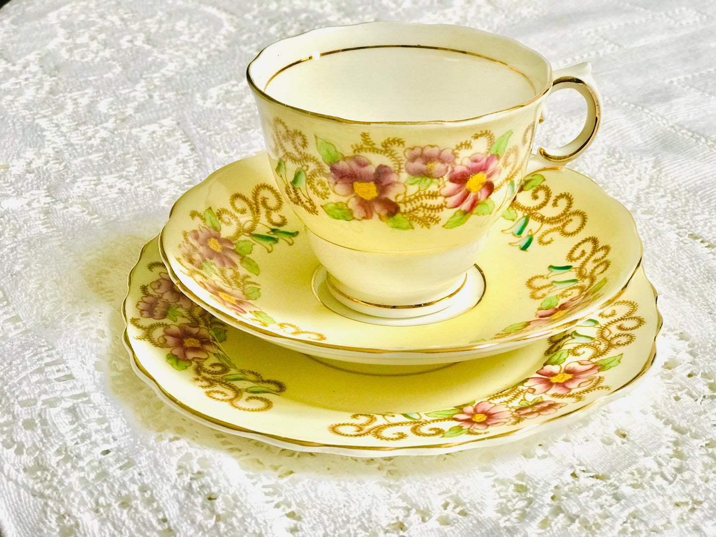 Pretty vintage Afternoon Teacups Colclough English bone china for afternoon tea teacup saucer and tea plate yellow pink flowers