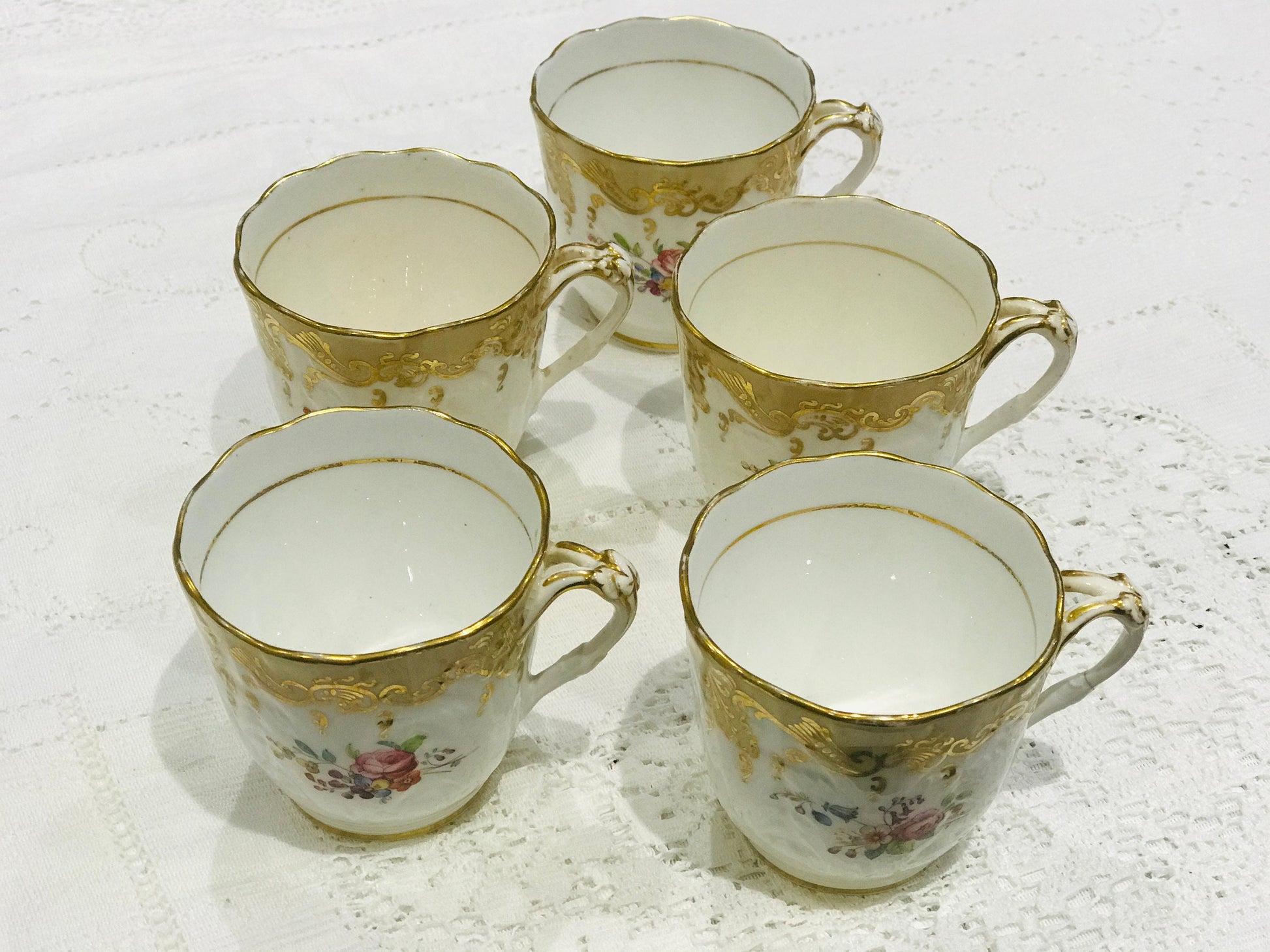 19th century antique cups a set of 5 by Coalport England beige flowers