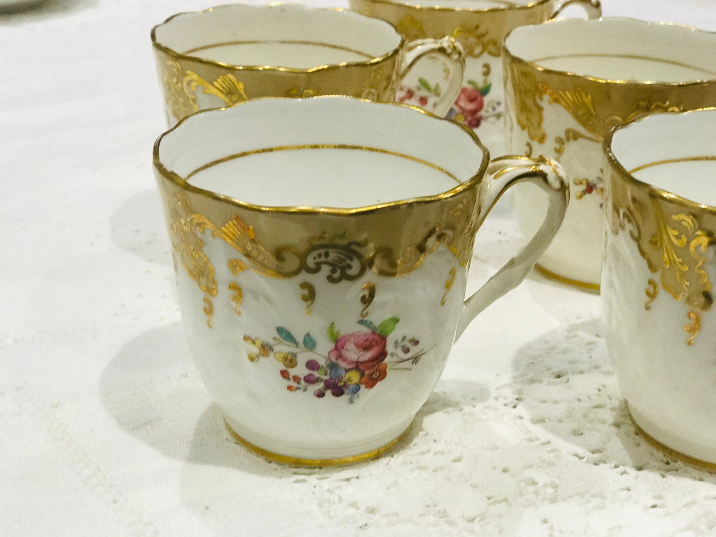 19th century antique cups a set of 5 by Coalport England beige flowers