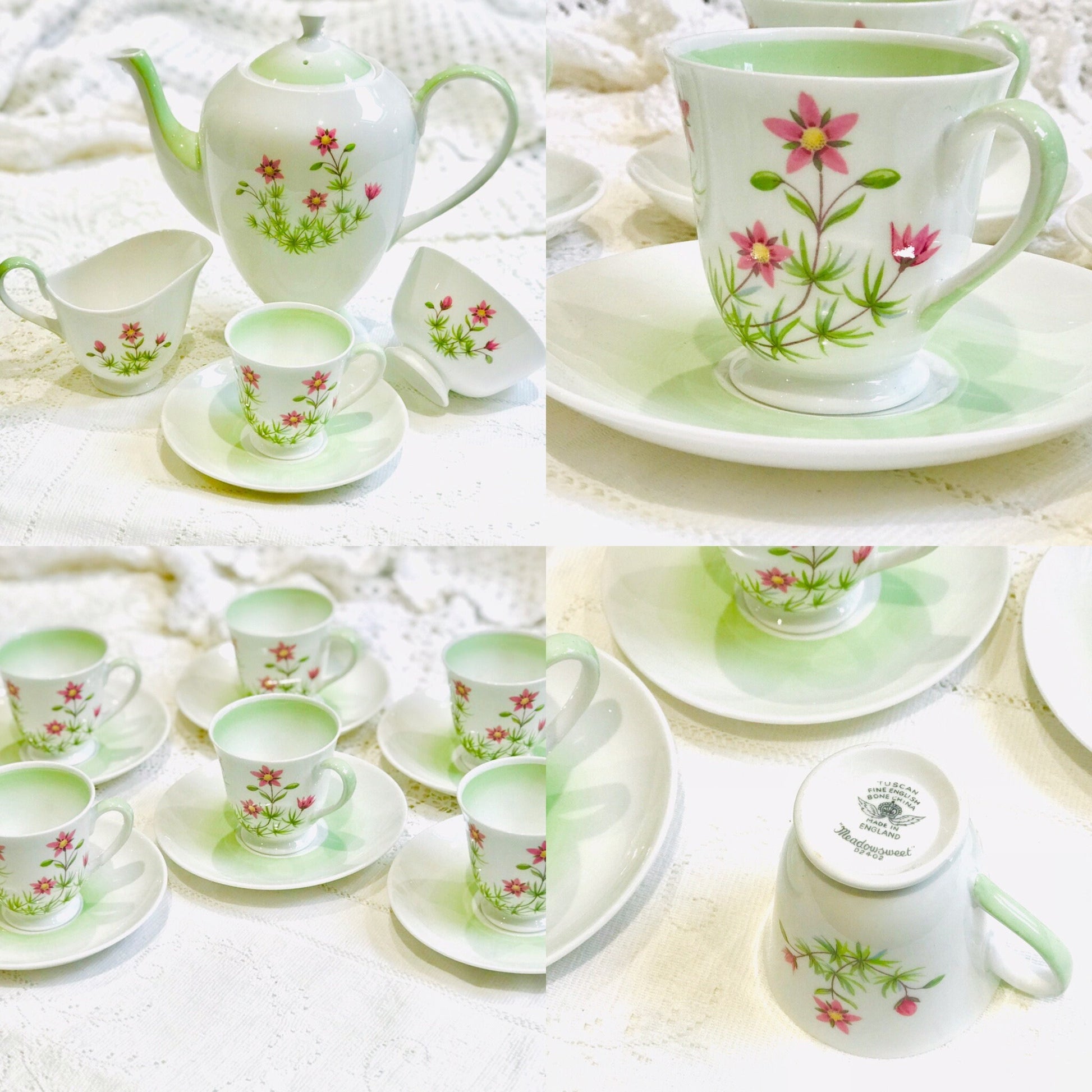 Vintage Coffee Set by Tuscan China in England ceramic Cups Saucers Coffee Pot pretty summer flowers