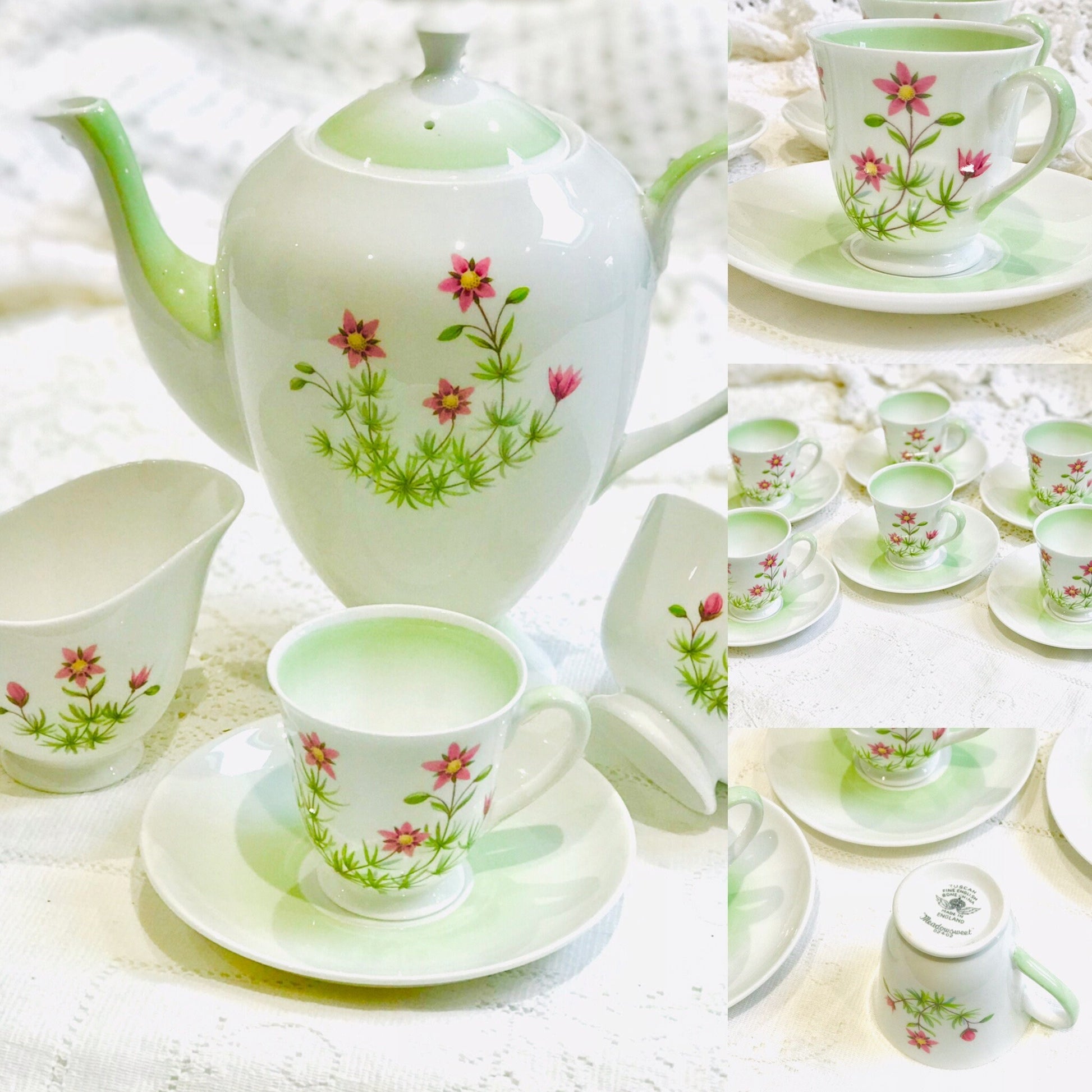 Vintage Coffee Set by Tuscan China in England ceramic Cups Saucers Coffee Pot pretty summer flowers