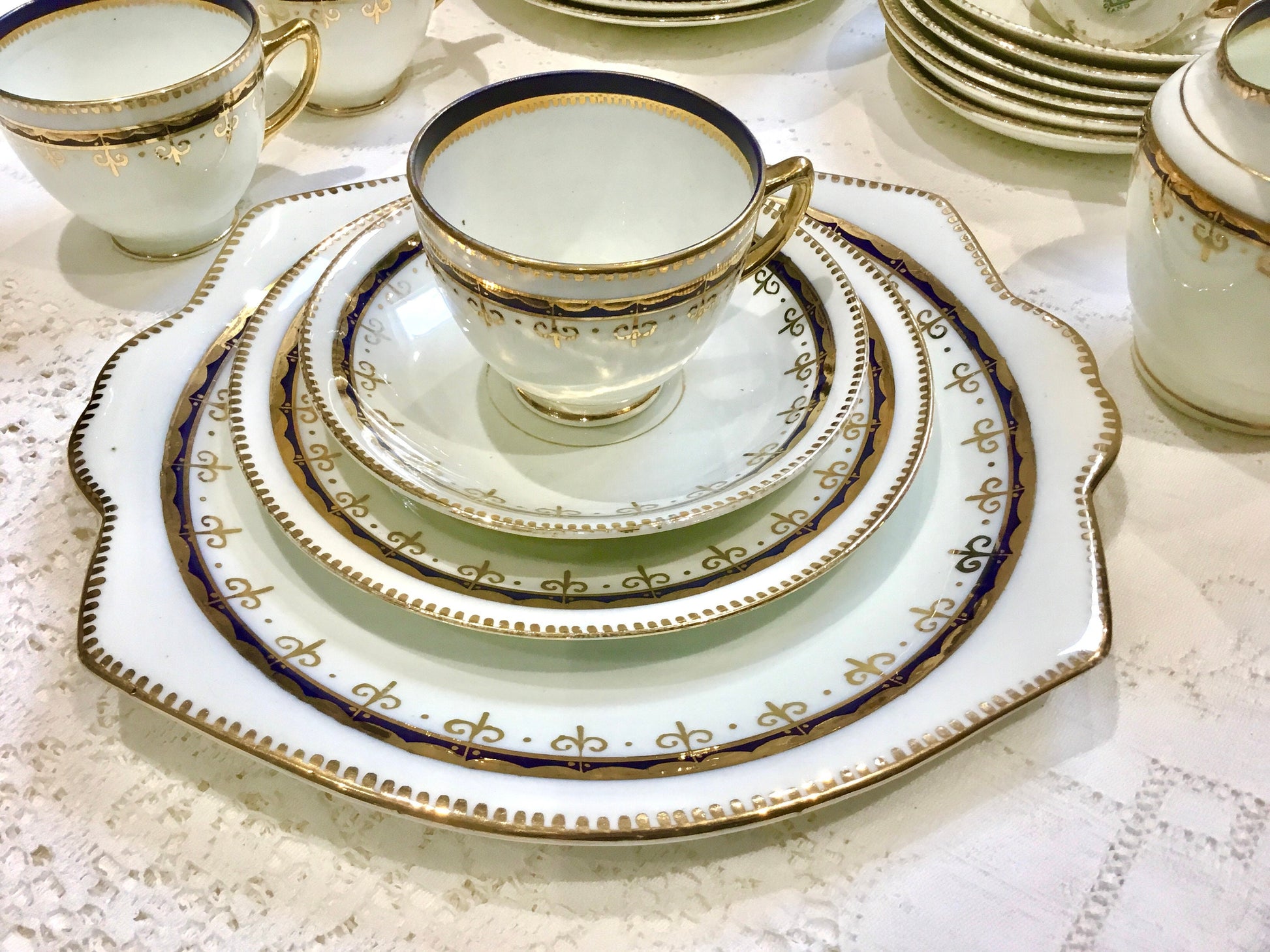 Antique English bone china Tea set white blue teacups and saucers Diamond China Company