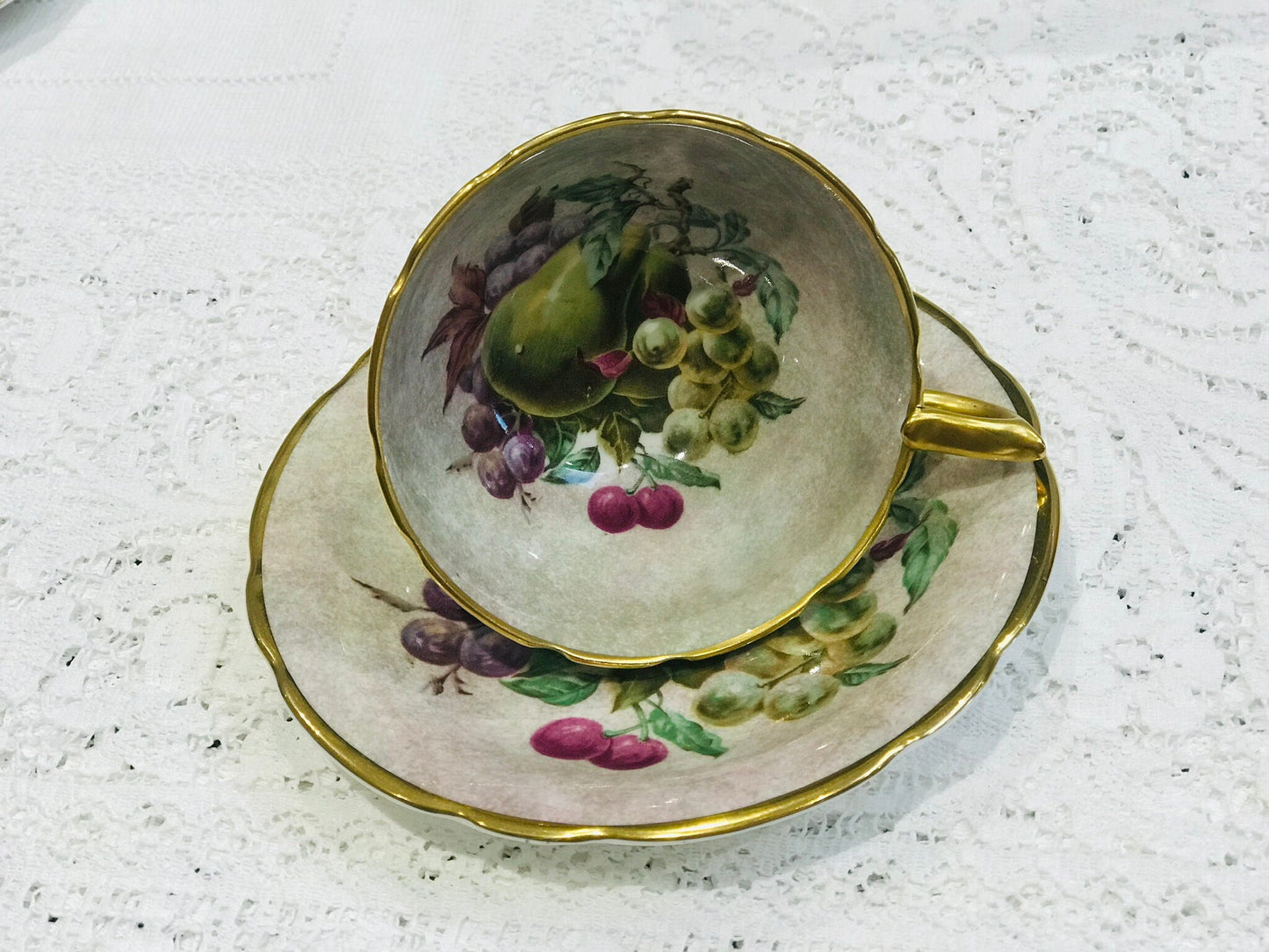 Salisbury China Teacup Saucer Vintage from England Glazed painted fruit detail